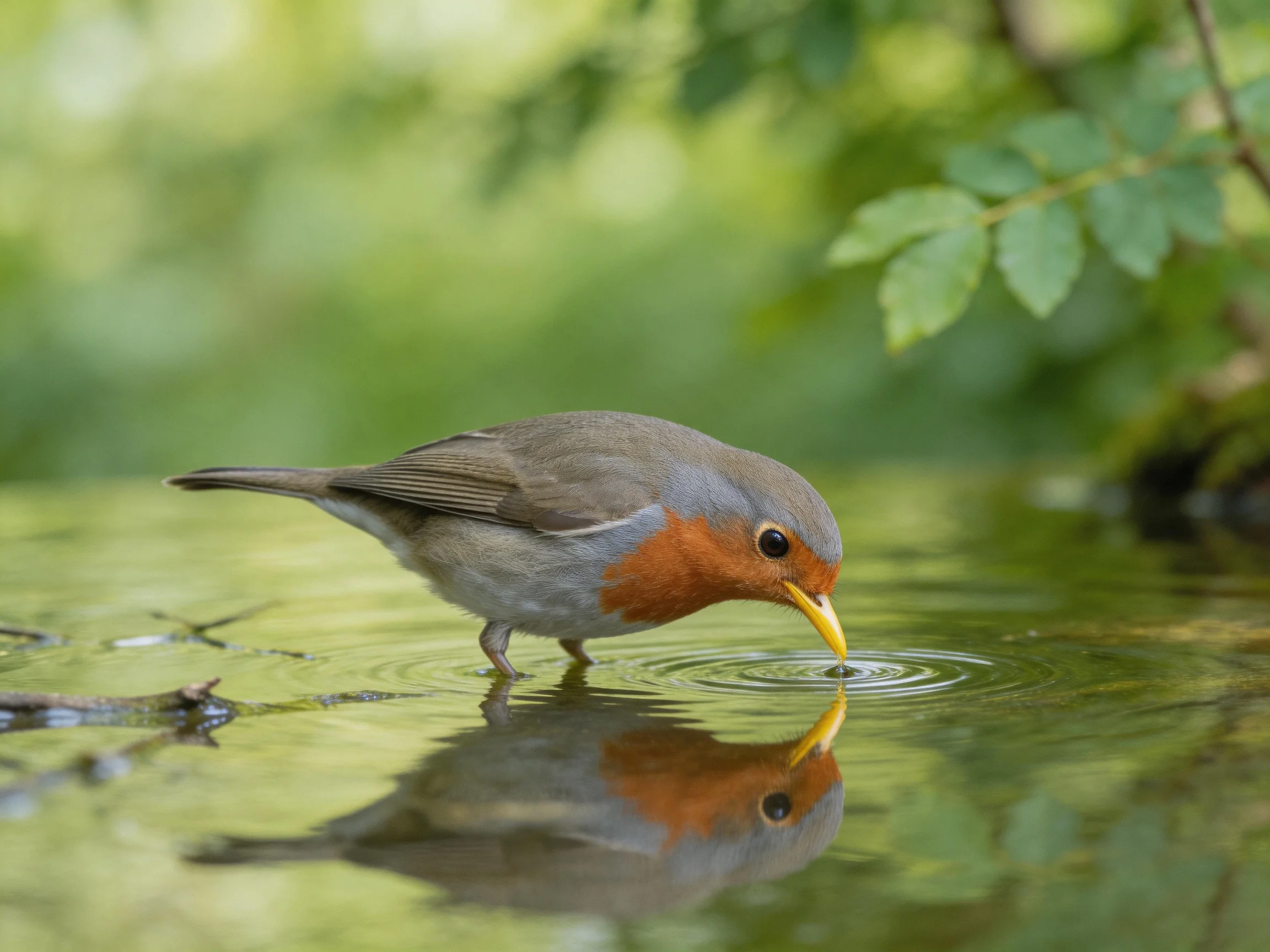 A small bird with orange breast drinks from calm water