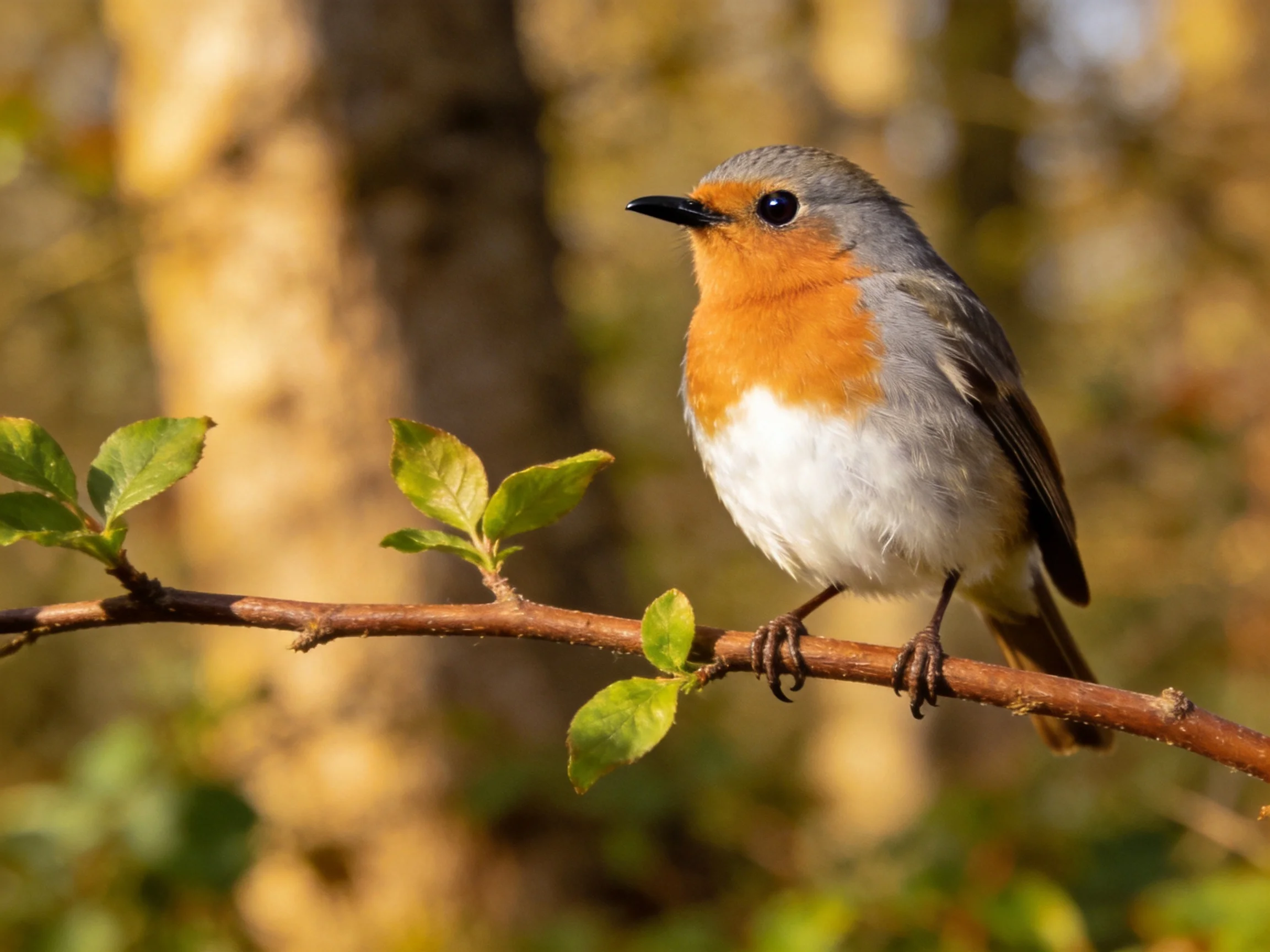 A small bird with orange breast perched on a brown tree branch