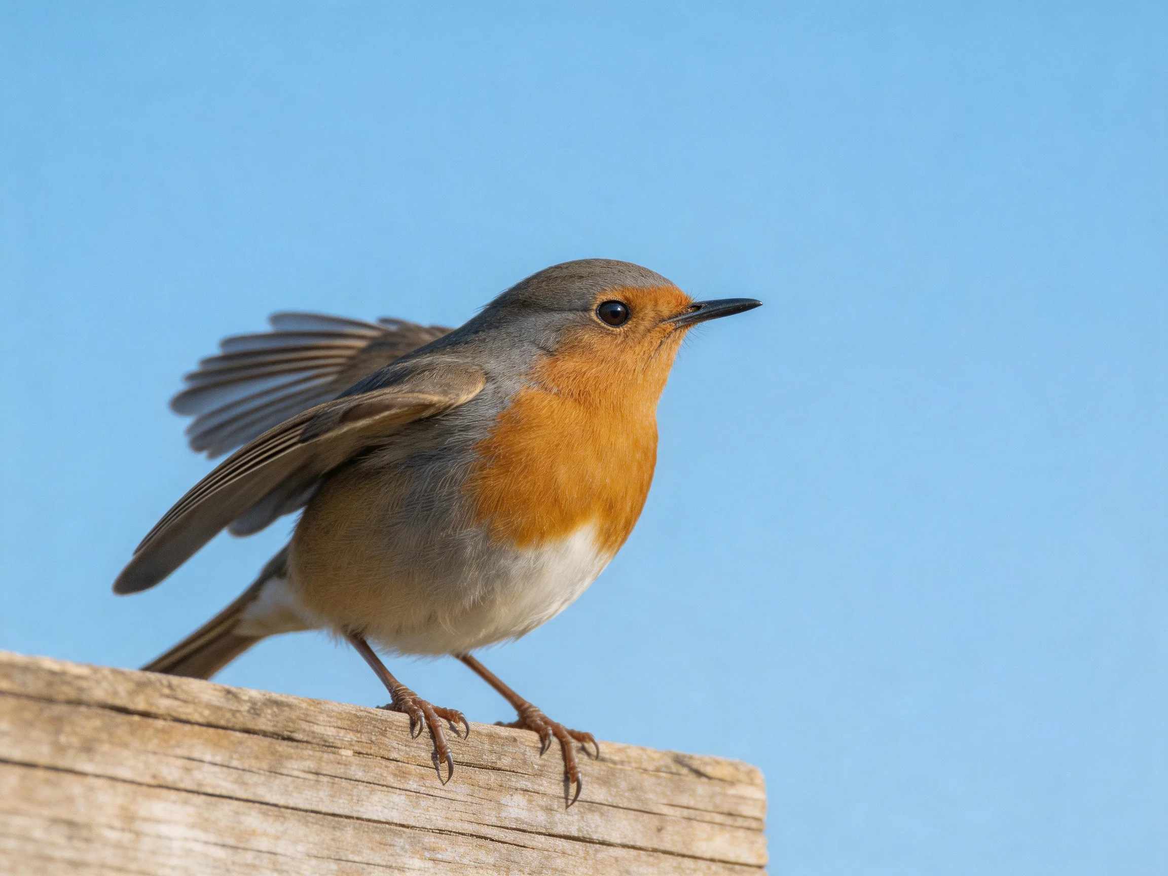 A small bird with orange breast perched on wood under blue sky