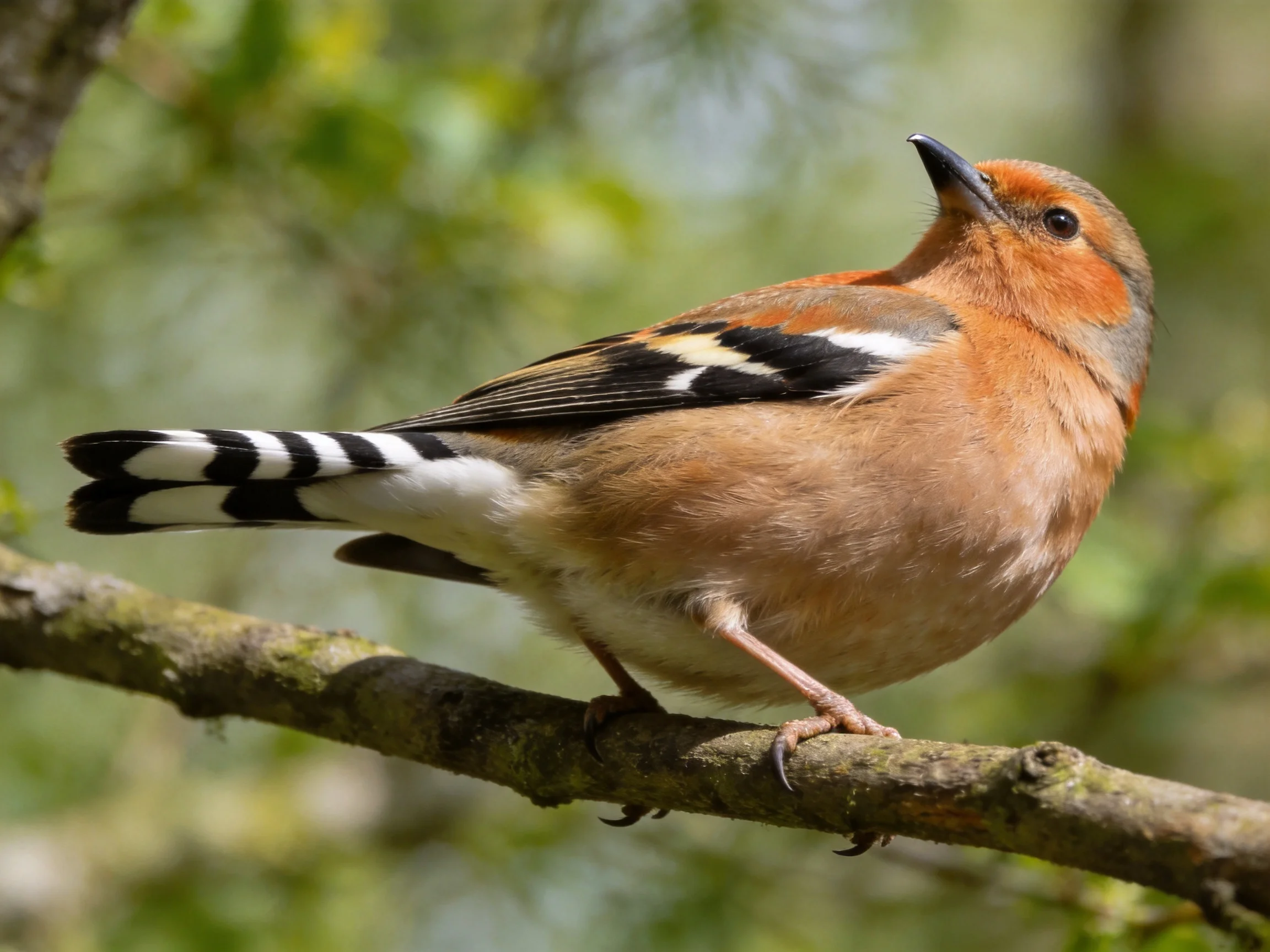 A small bird with orange chest and black-white wings perched on a branch