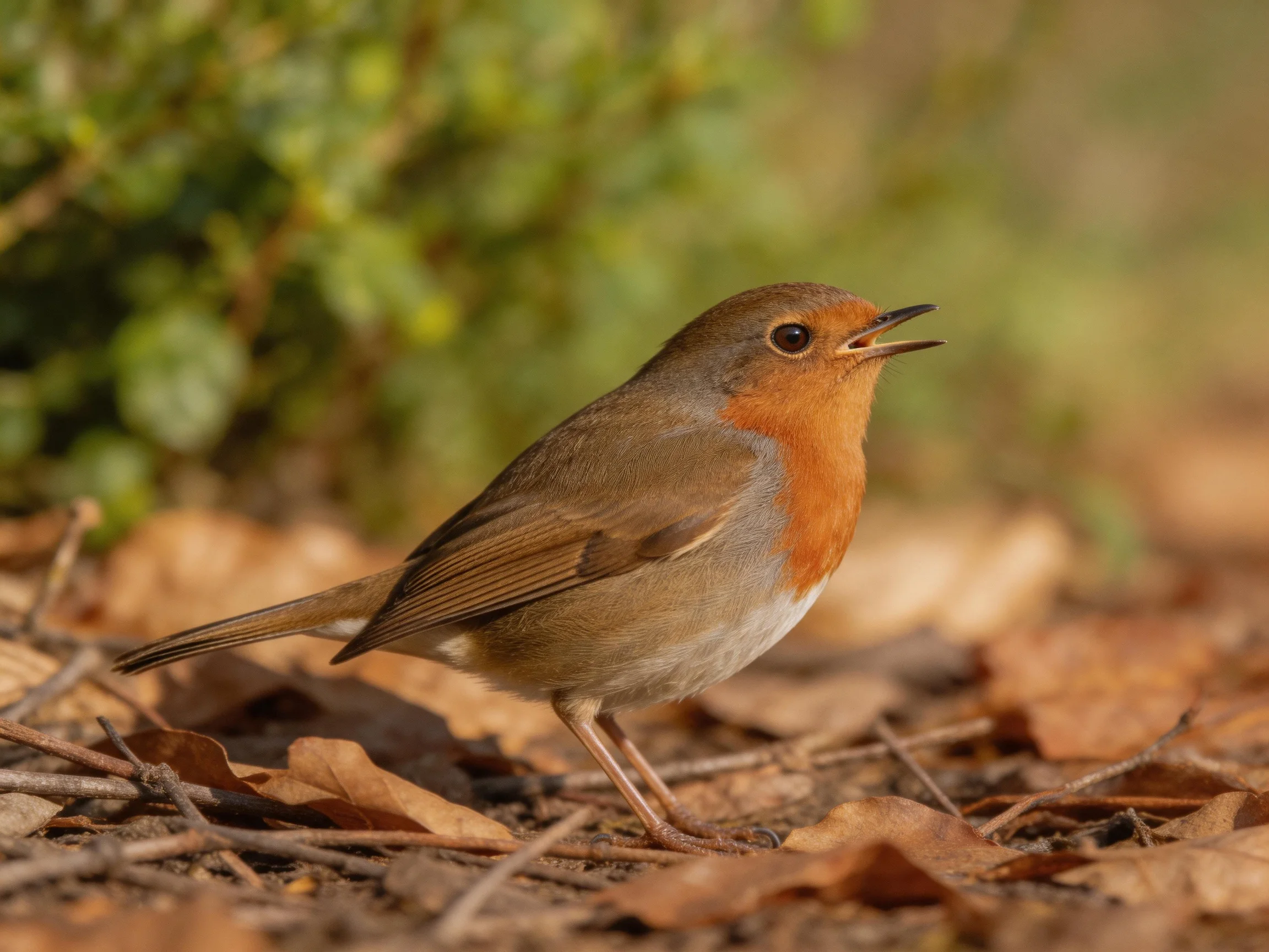 A small bird with orange chest on dry autumn leaves near greenery