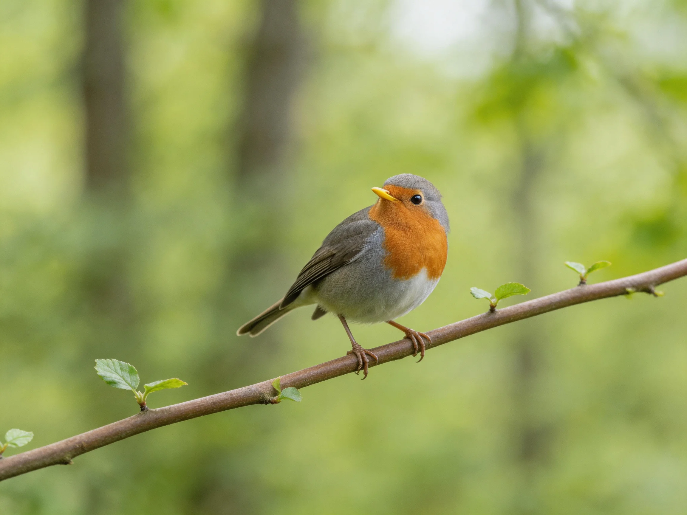 A small bird with orange chest perched on a thin branch