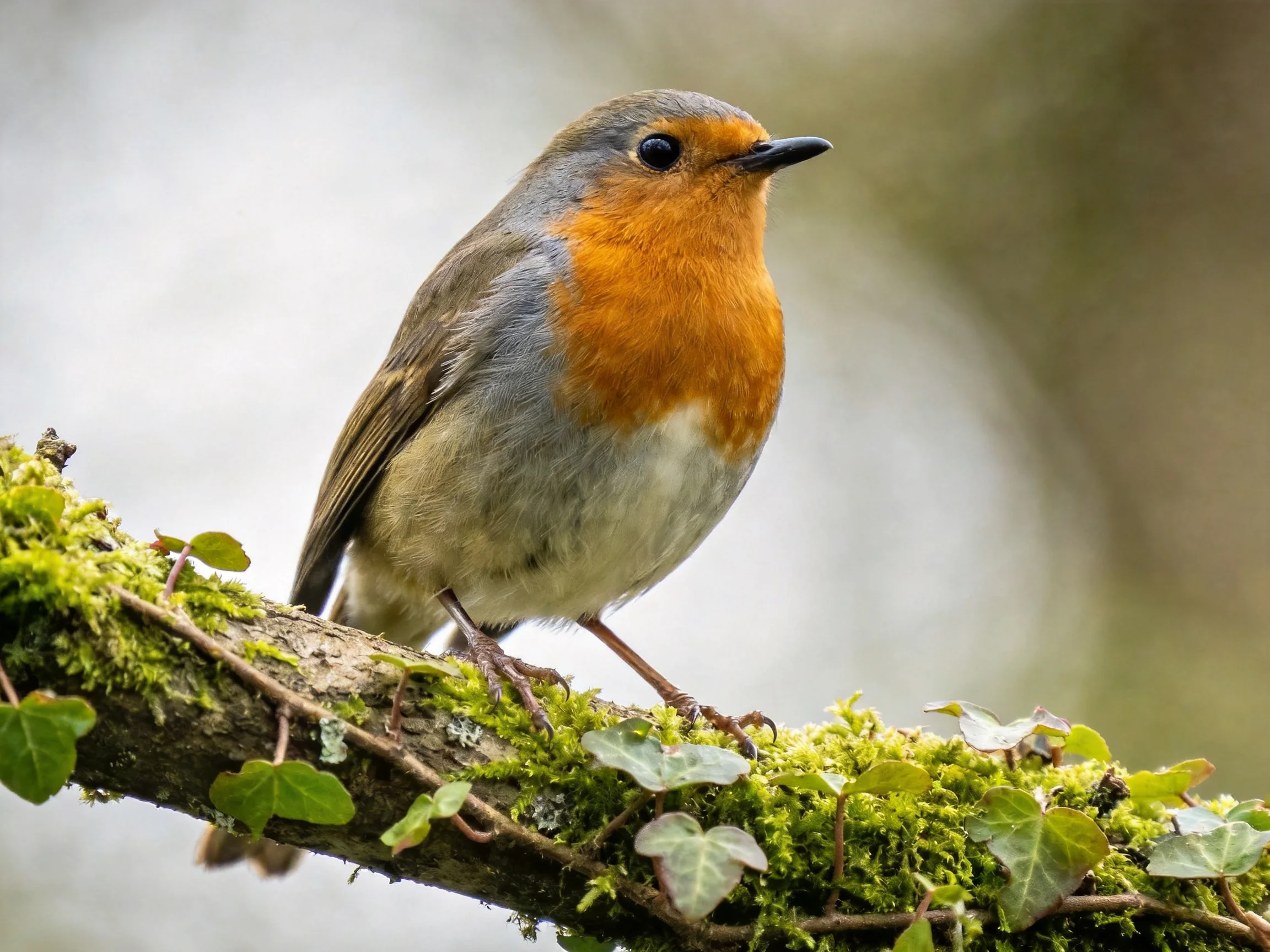 A small bird with orange chest perched on mossy branch