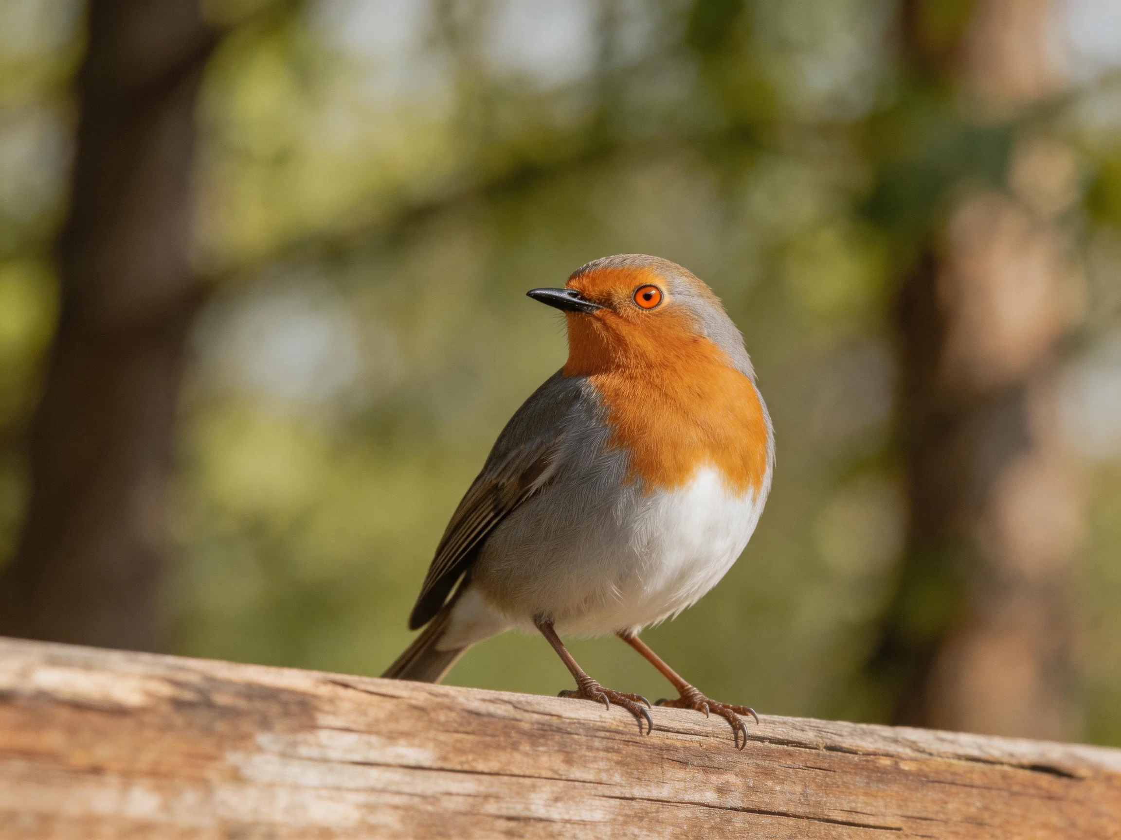 A small bird with orange chest perched on weathered wood