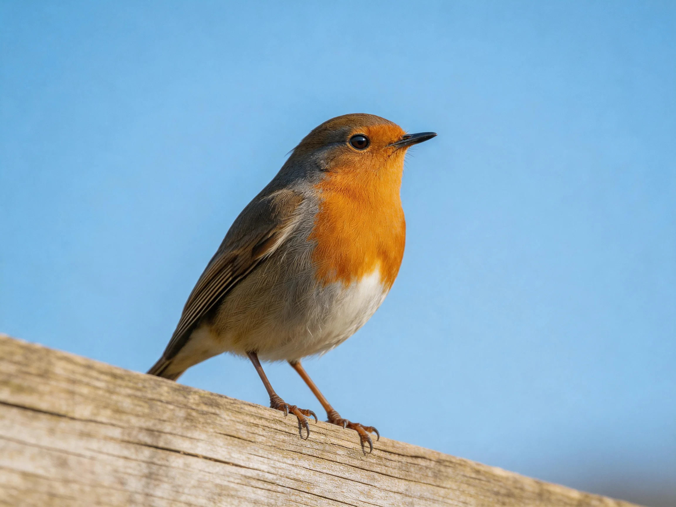 A small bird with orange chest perched on weathered wood under blue sky
