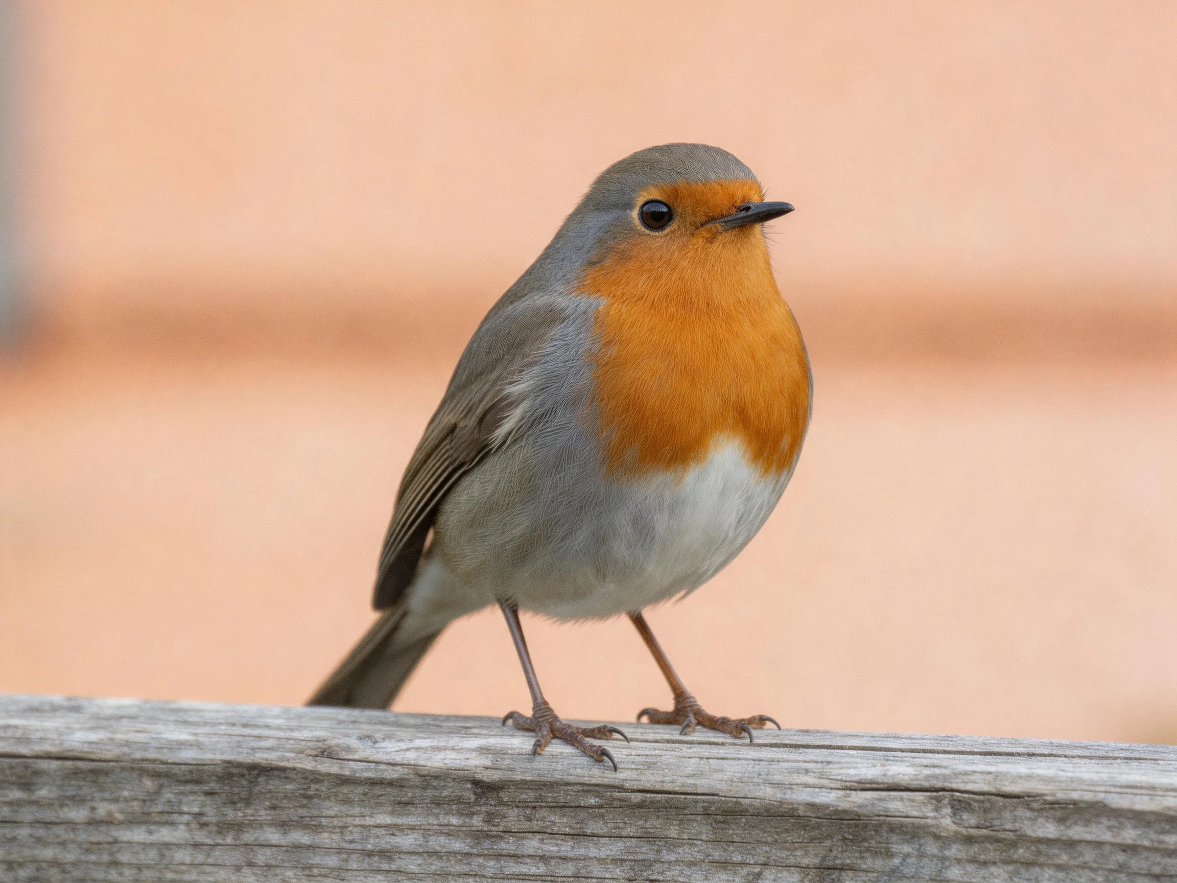 A small bird with orange chest perched on weathered wood