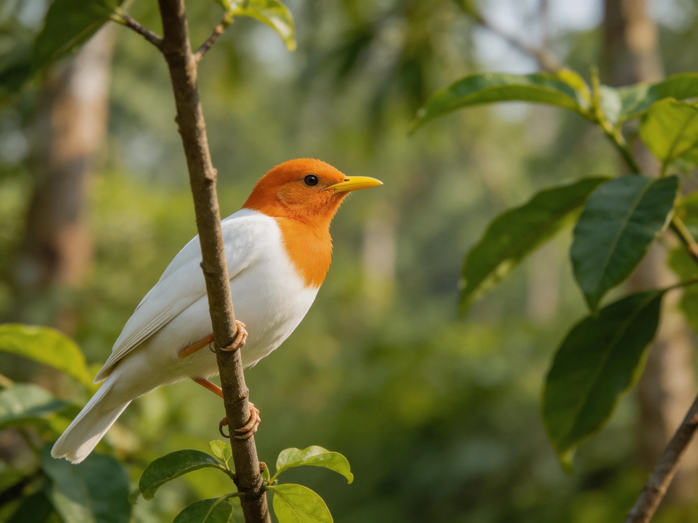 A small bird with orange head and white body perched on a tree branch