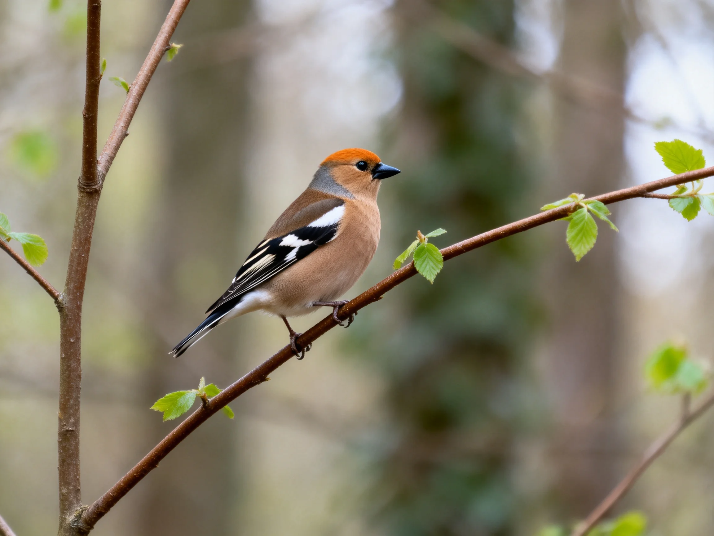 A small bird with orange head perched on a leafy branch