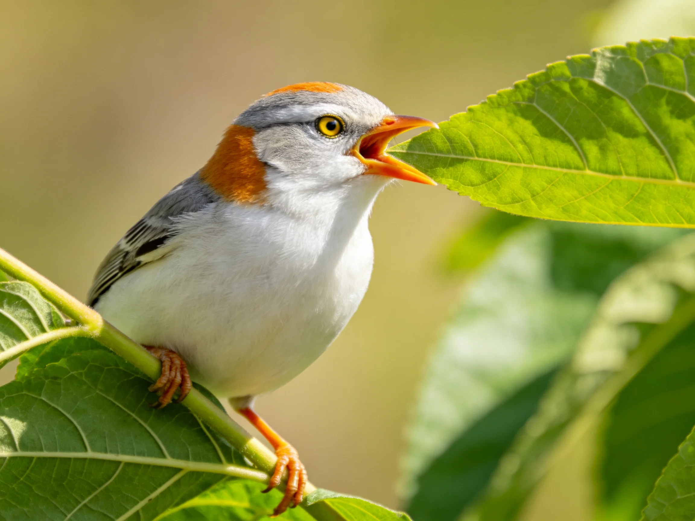 A small bird with orange markings perches on vibrant green foliage