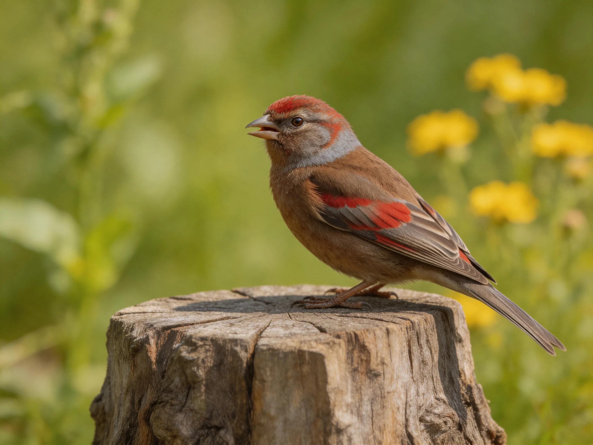 A colorful songbird rests on an aged tree stump amid greenery and yellow blooms.