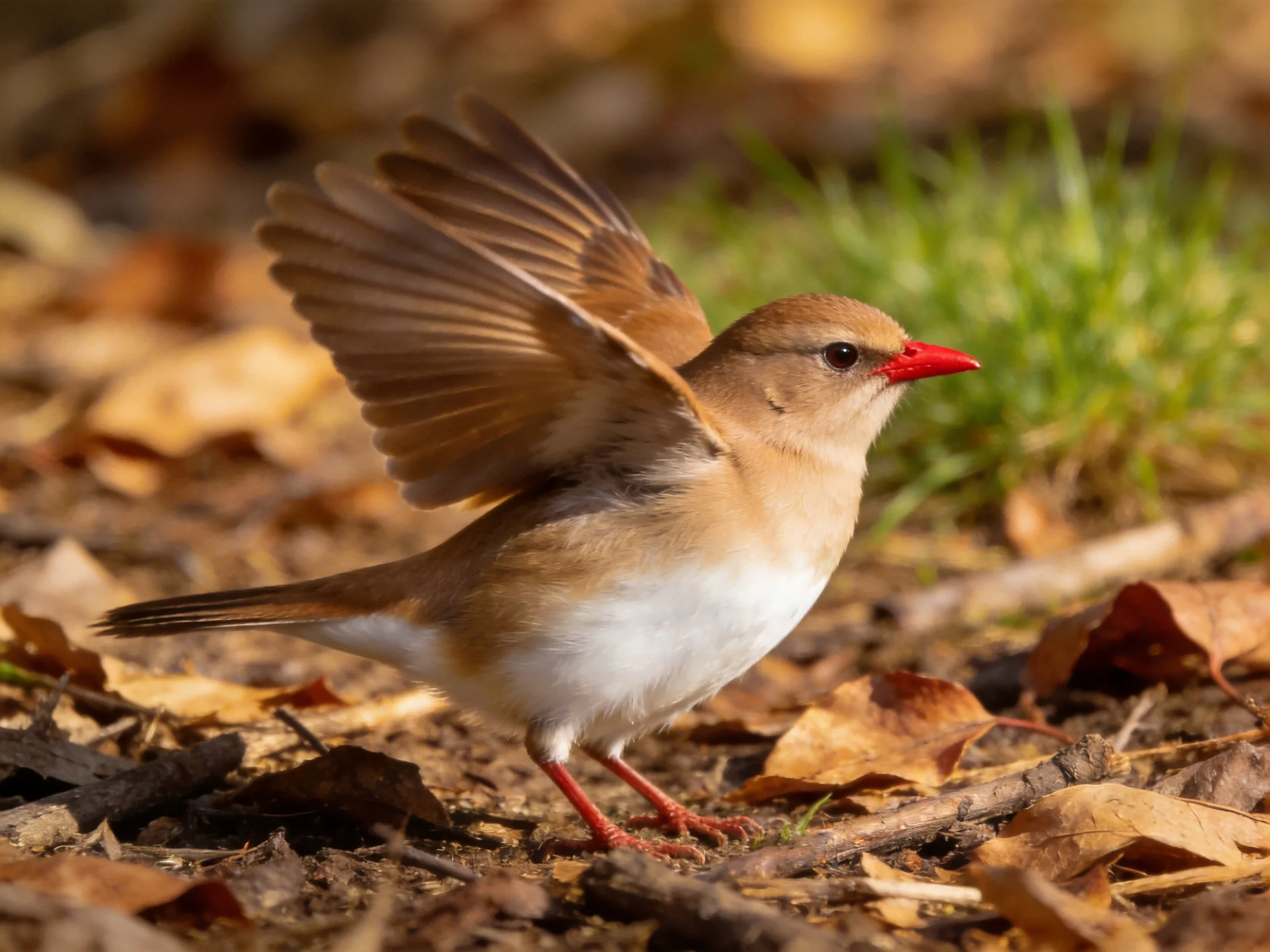 A small bird with red beak spreading wings among autumn leaves