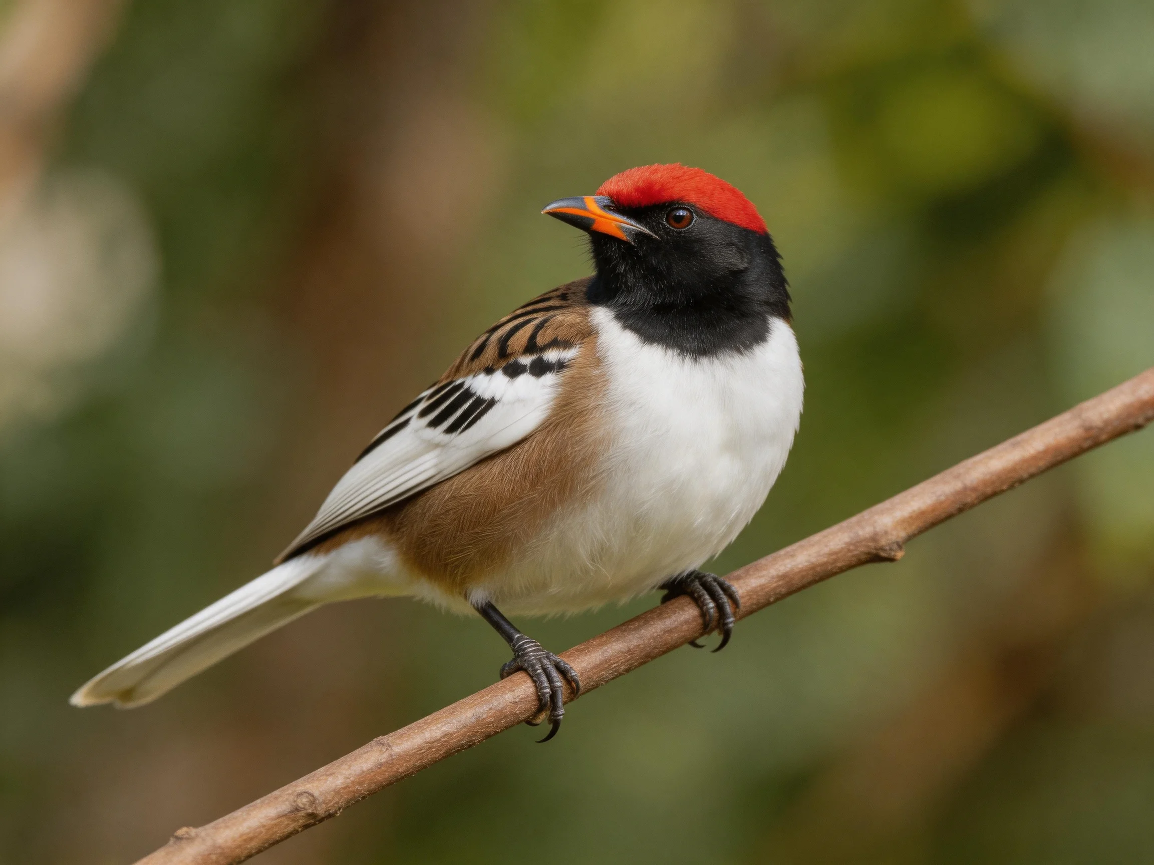 A small bird with red crown, black face, and white chest perches on a branch