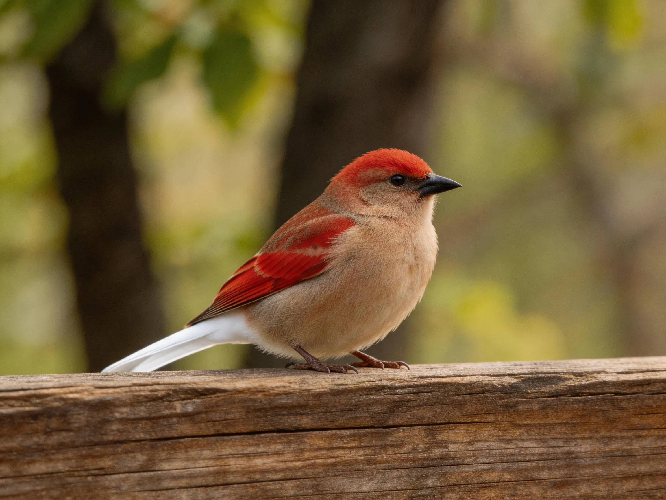A small bird with red head, reddish wings, white tail perched on a wooden beam