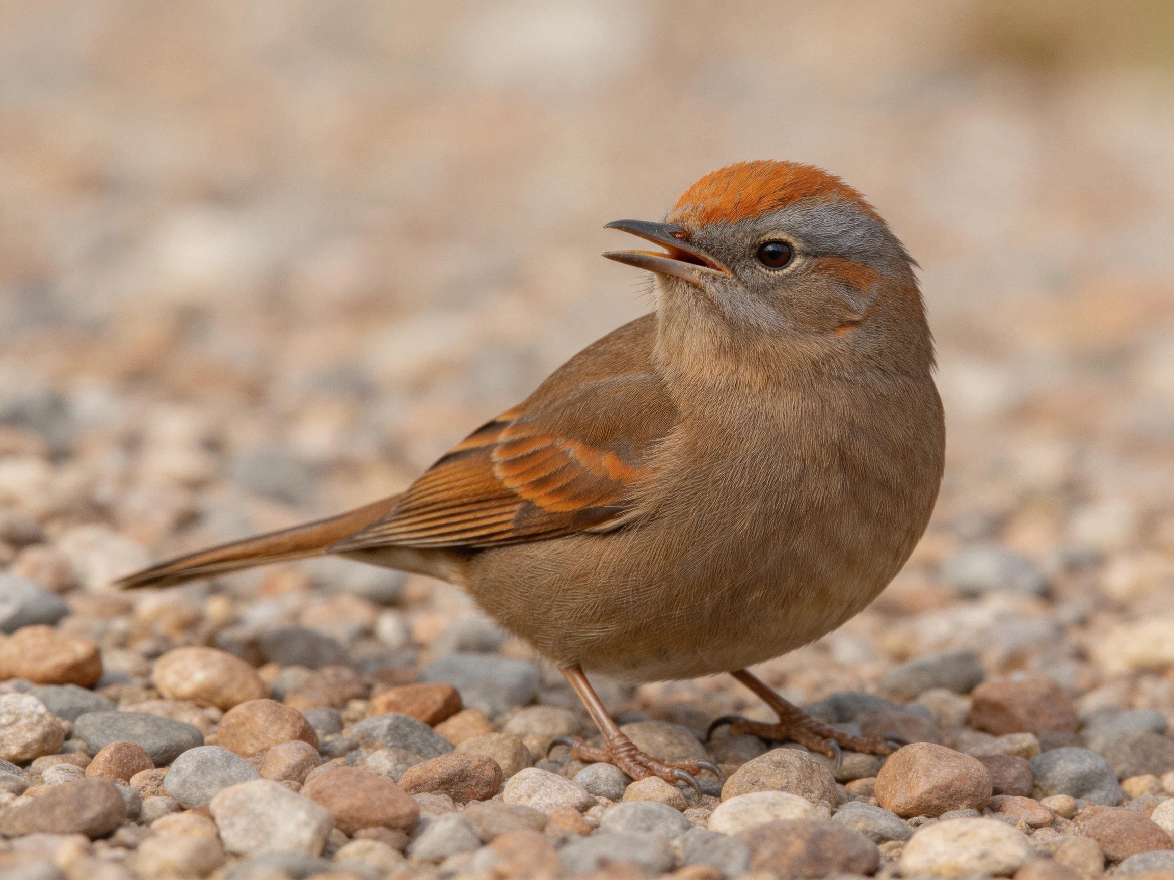 A small bird with reddish cap and brown feathers on pebbles
