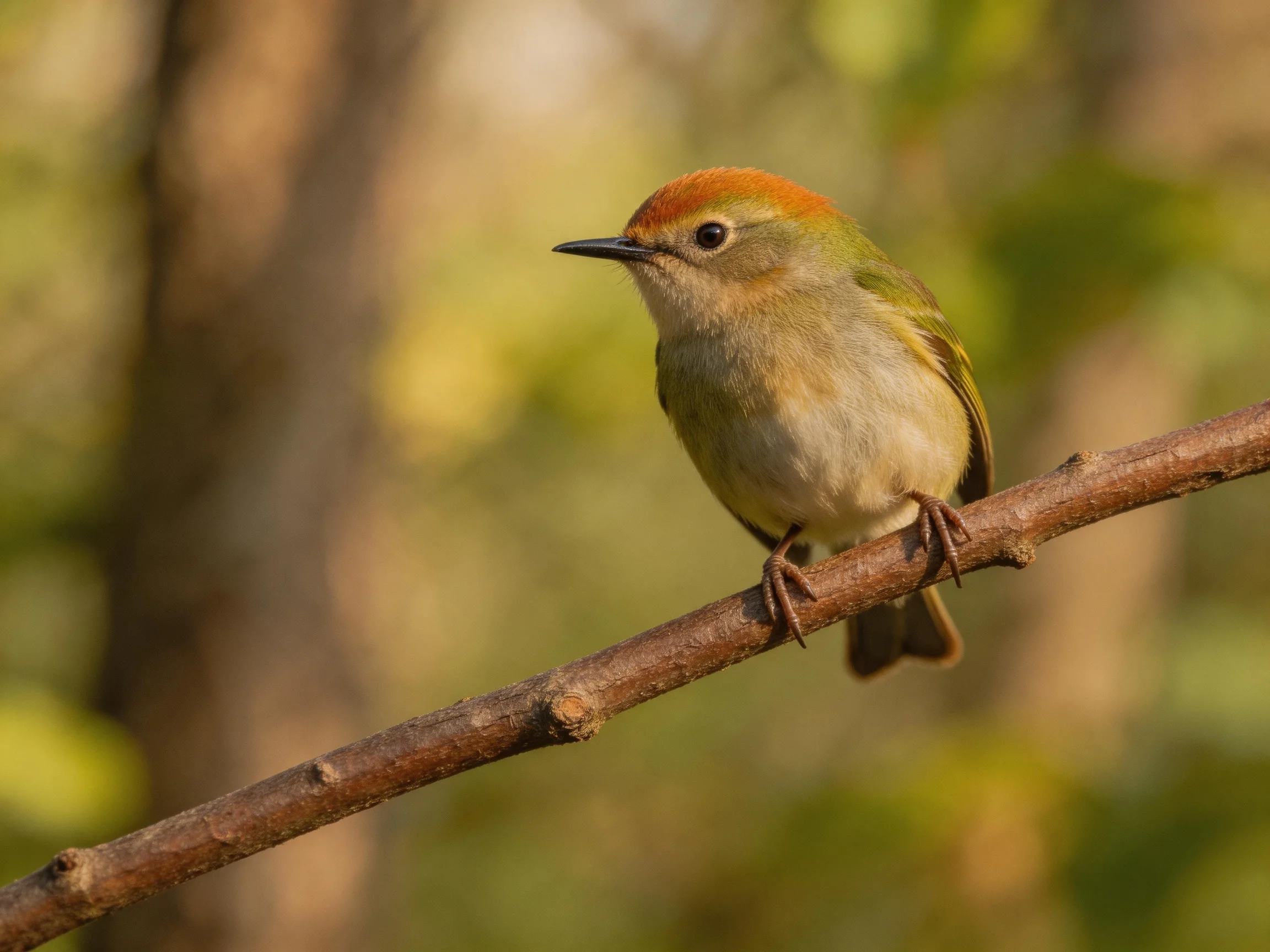 A small bird with reddish cap perched on a brown branch