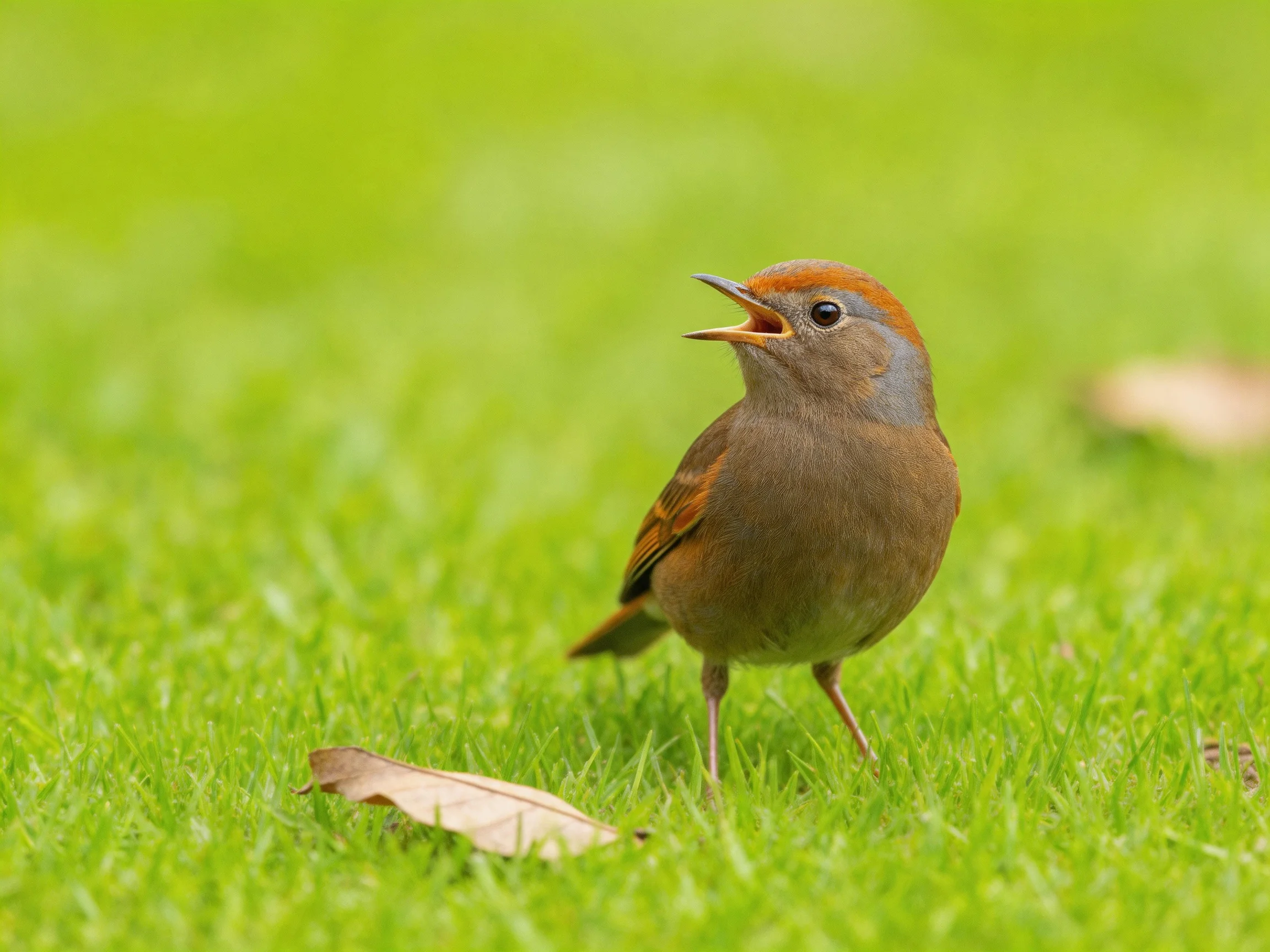 A small bird with reddish crown stands on green grass