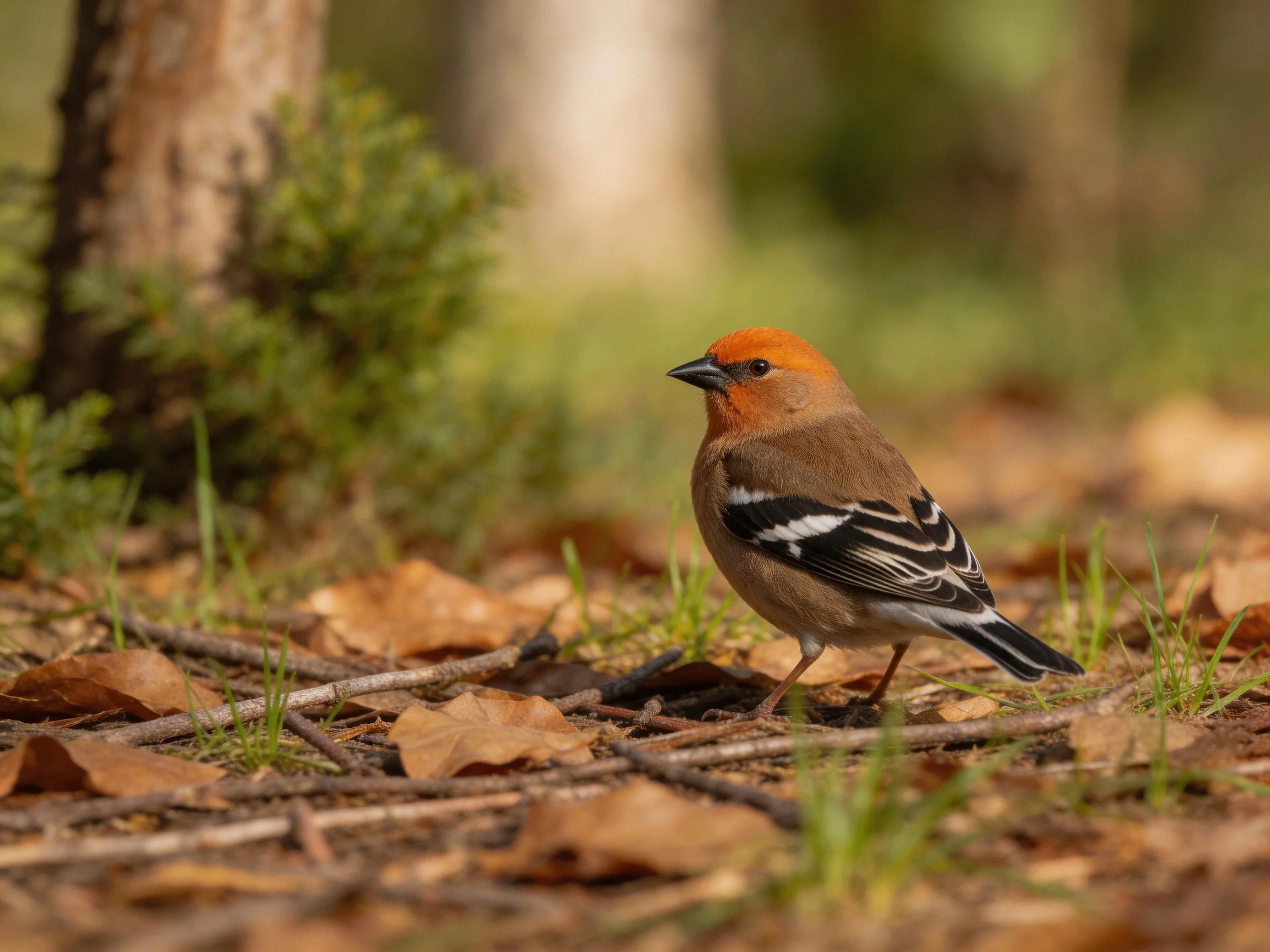 A small bird with reddish head and black-and-white wings on leaf-strewn forest floor