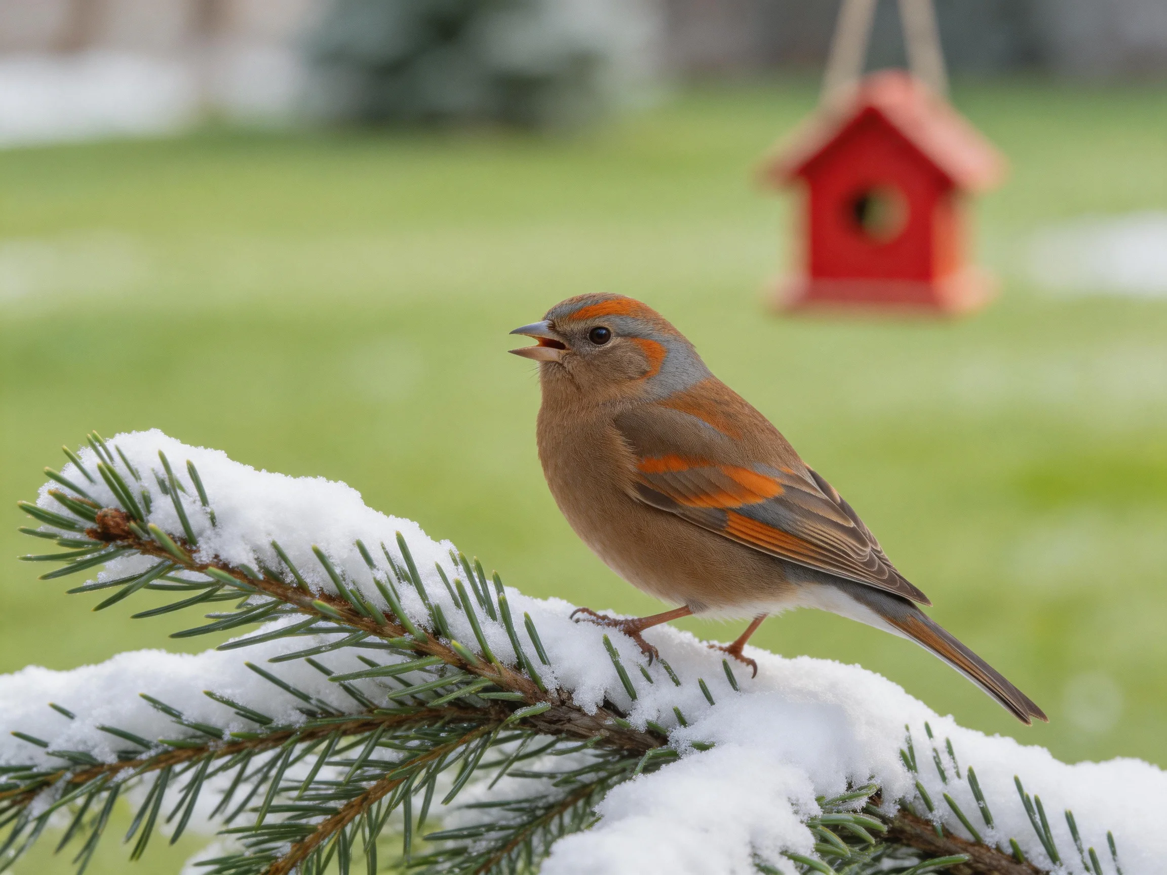A small bird with reddish markings perches on a snow-laden evergreen branch