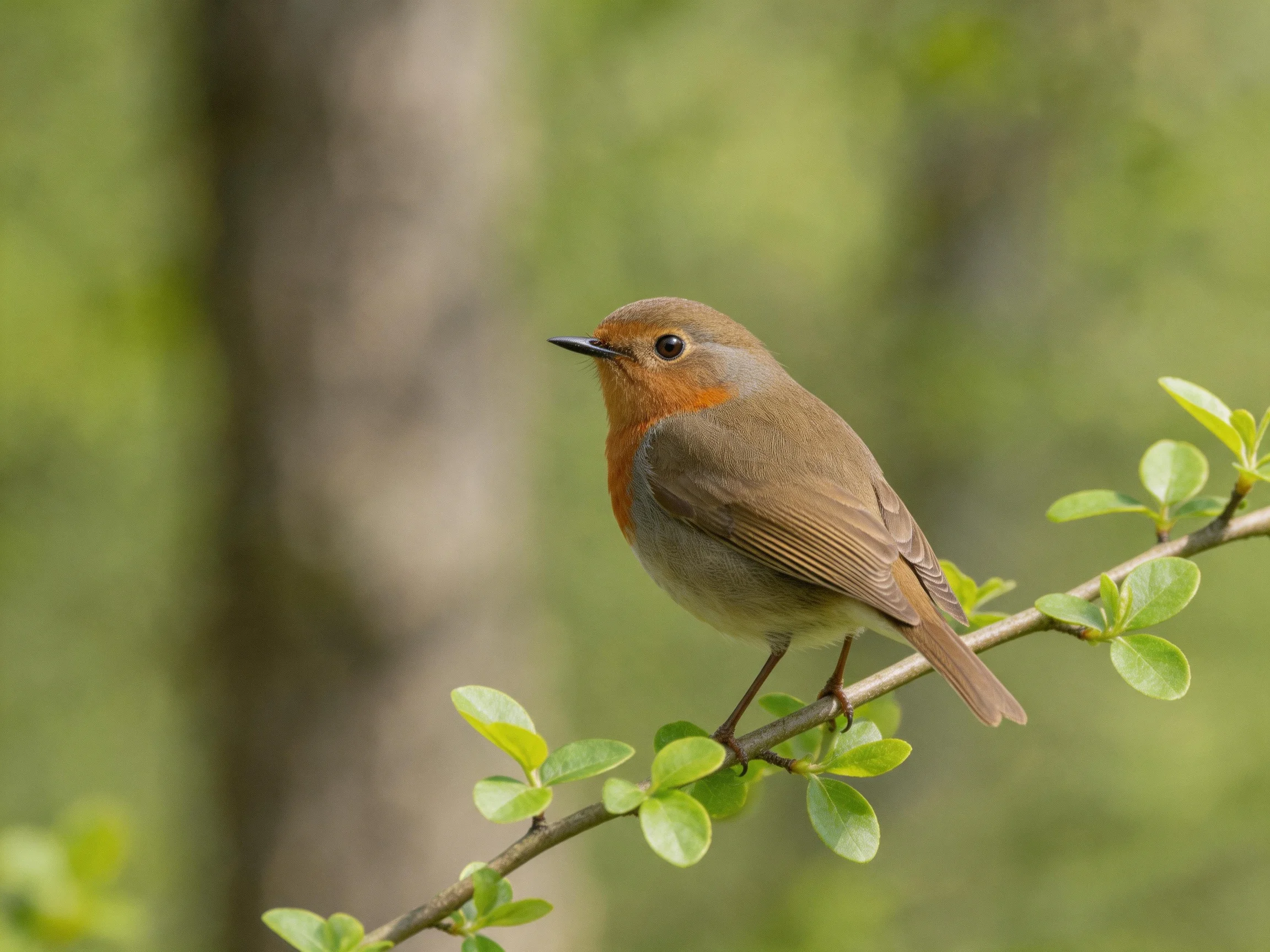 A small bird with an orange chest sits on a branch surrounded by green leaves.