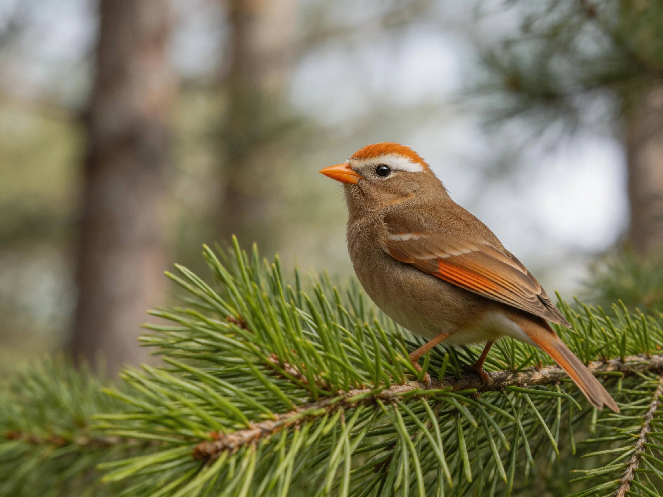 A small bird with reddish-orange markings rests on pine needles in a forest