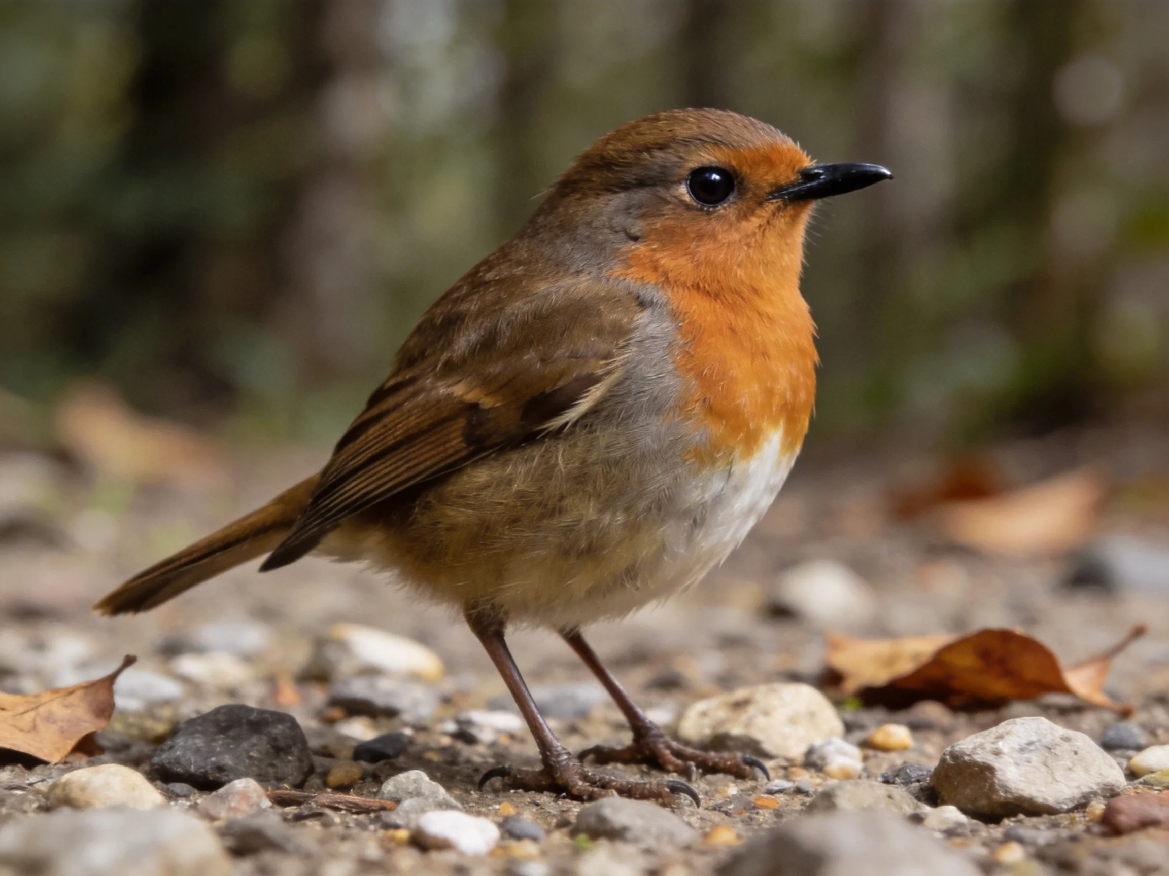 A small bird with rust-orange breast on gravel path amid stones and leaves