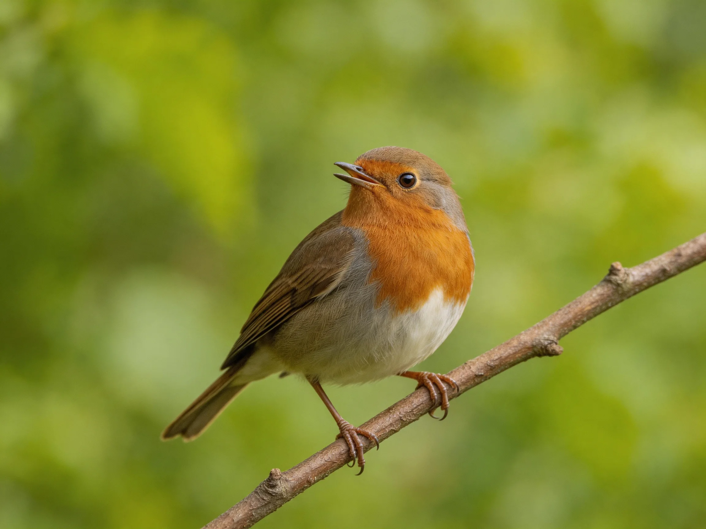 A small bird with rust-orange breast perched on a slender brown branch