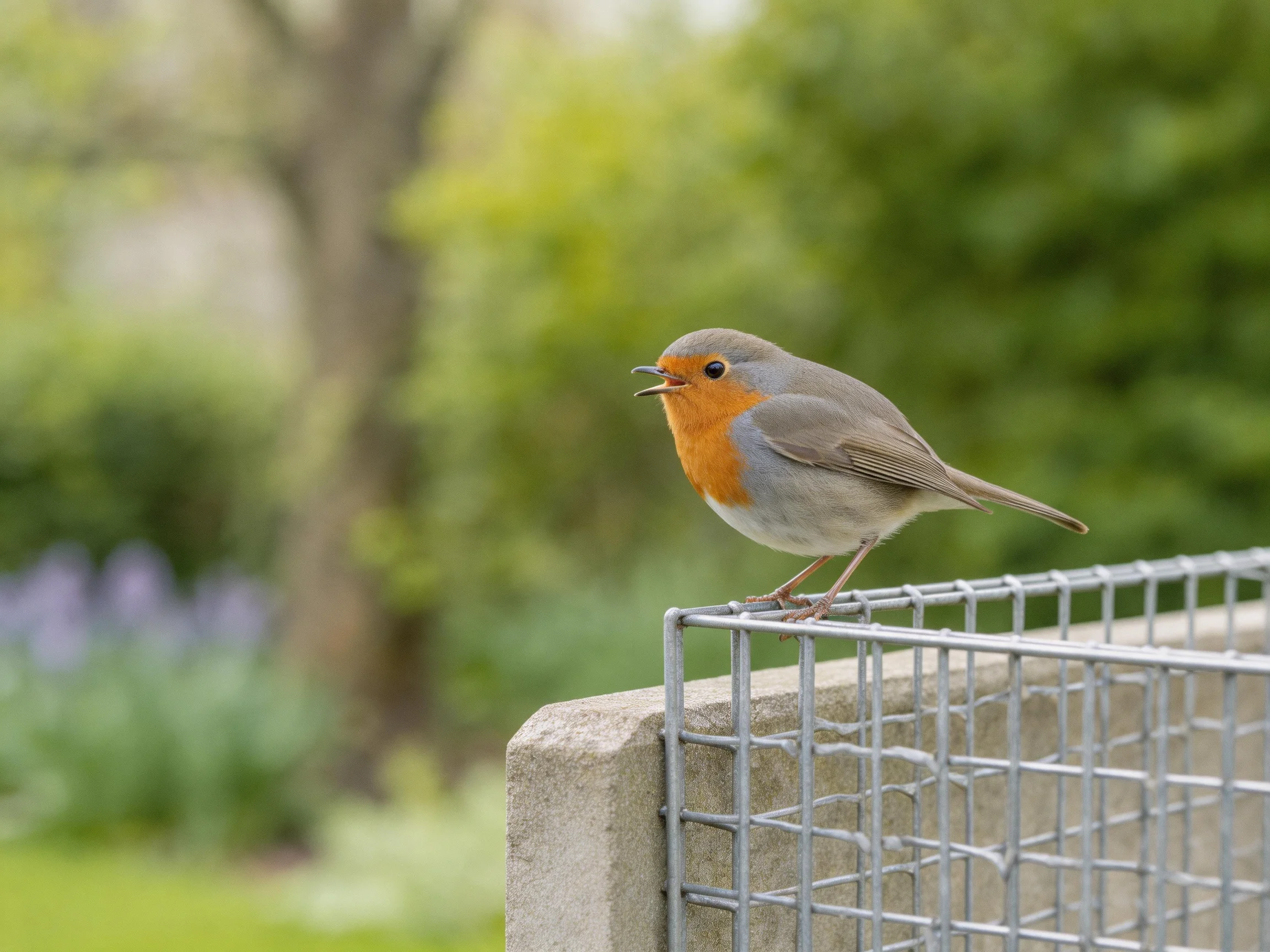 A small bird with an orange breast rests on a metal fence in a lush garden setting.