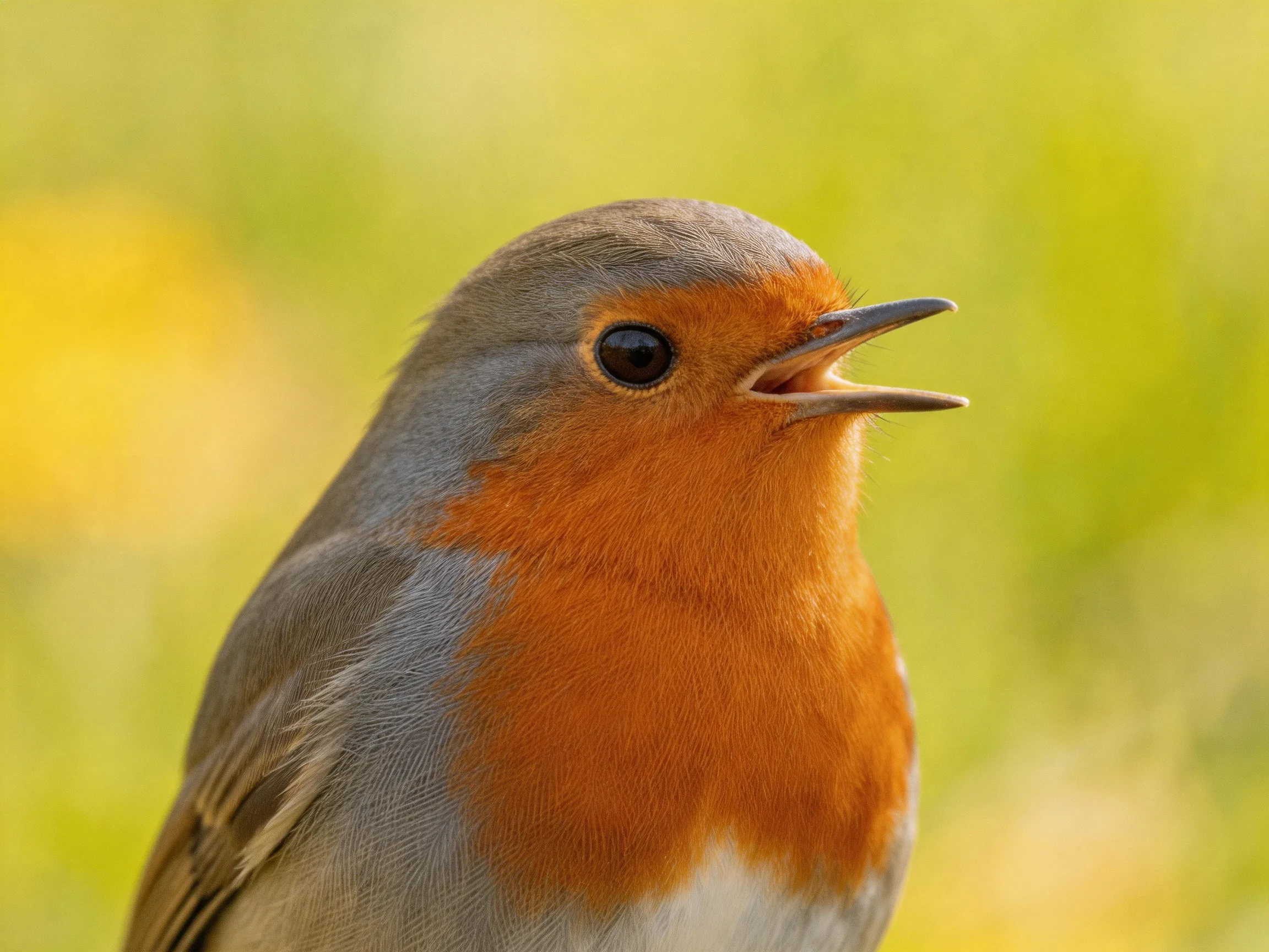 A small bird with an orange chest and gray feathers is shown up close against a blurred green-yellow background.