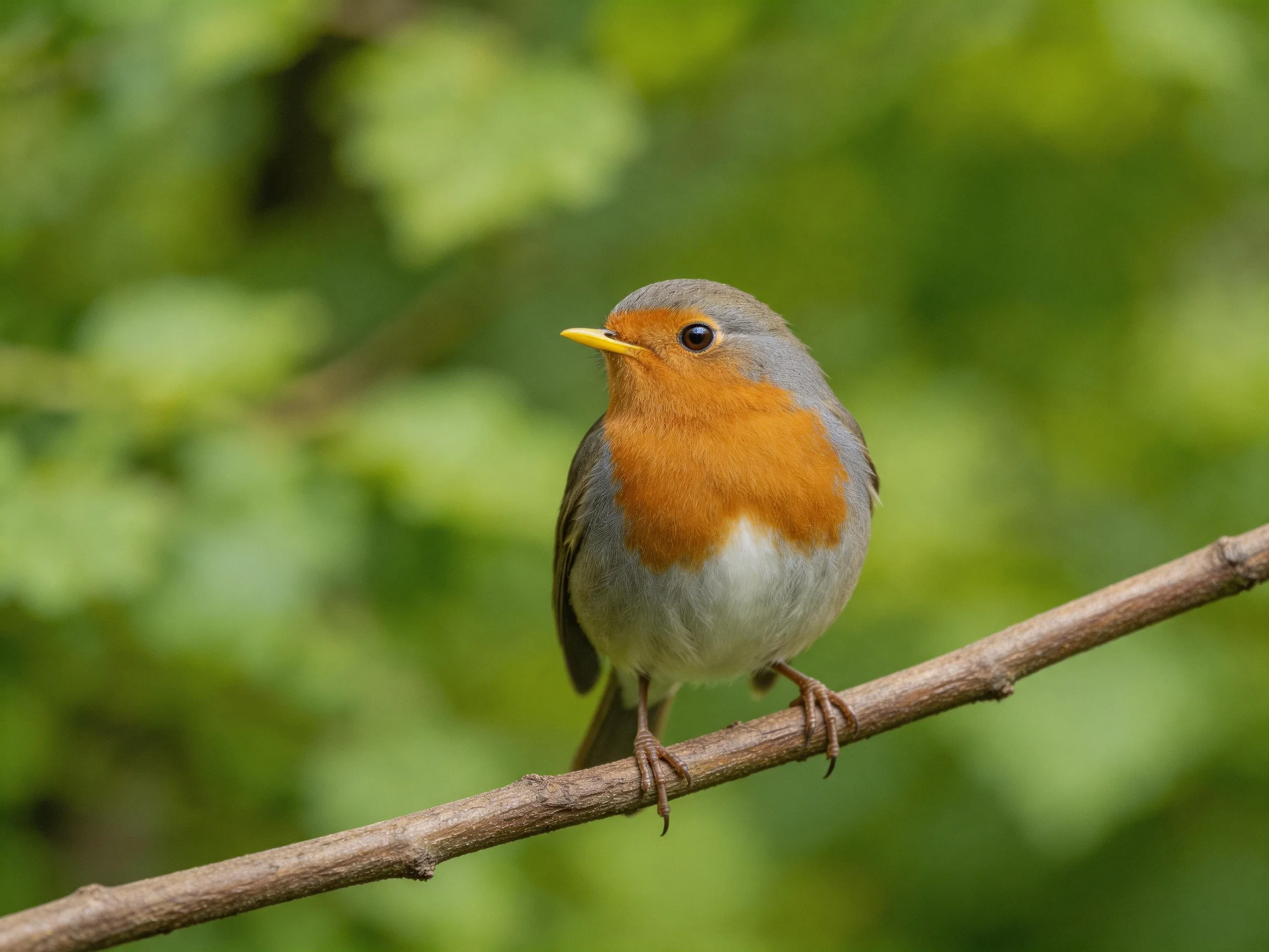 A small bird with an orange chest rests on a branch among green foliage.