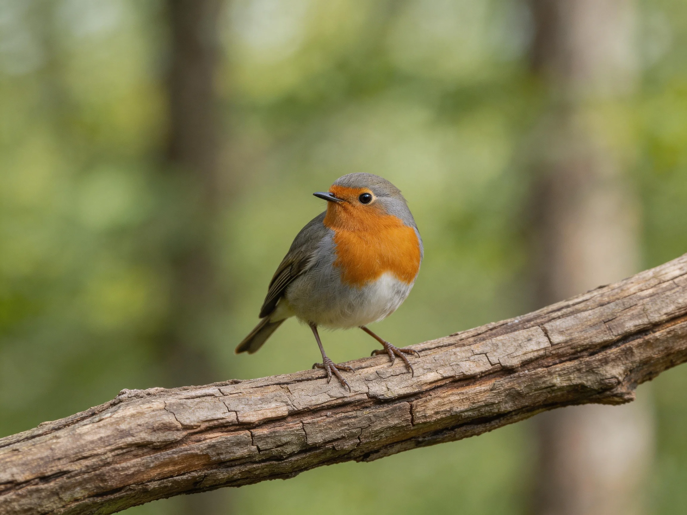 A small bird with an orange chest rests on a weathered tree branch amid a forest backdrop.