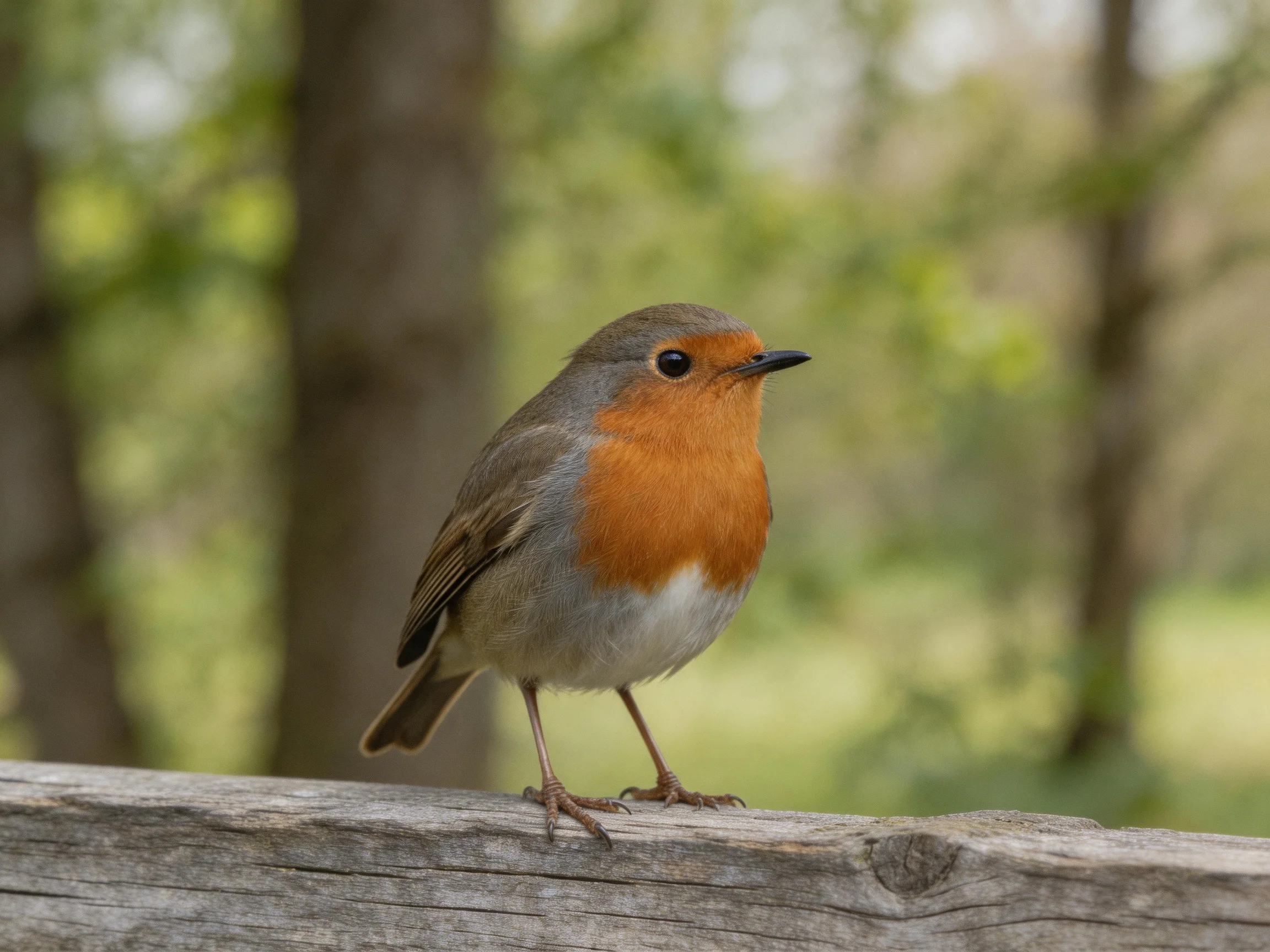 A small bird with an orange chest rests on a weathered wooden beam amid a softly lit forest.