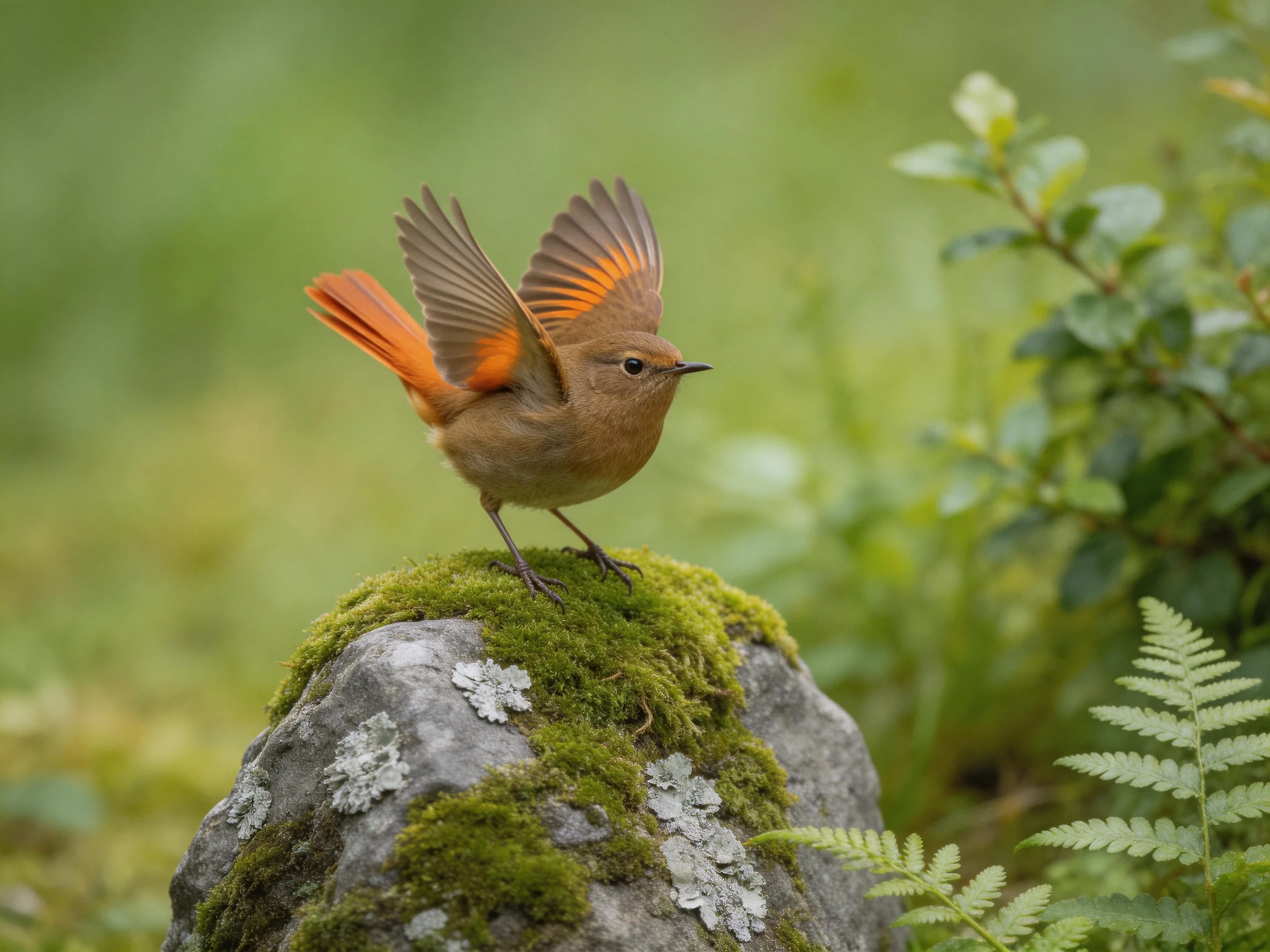 A small bird with orange wings sits on a mossy rock in a lush green setting.