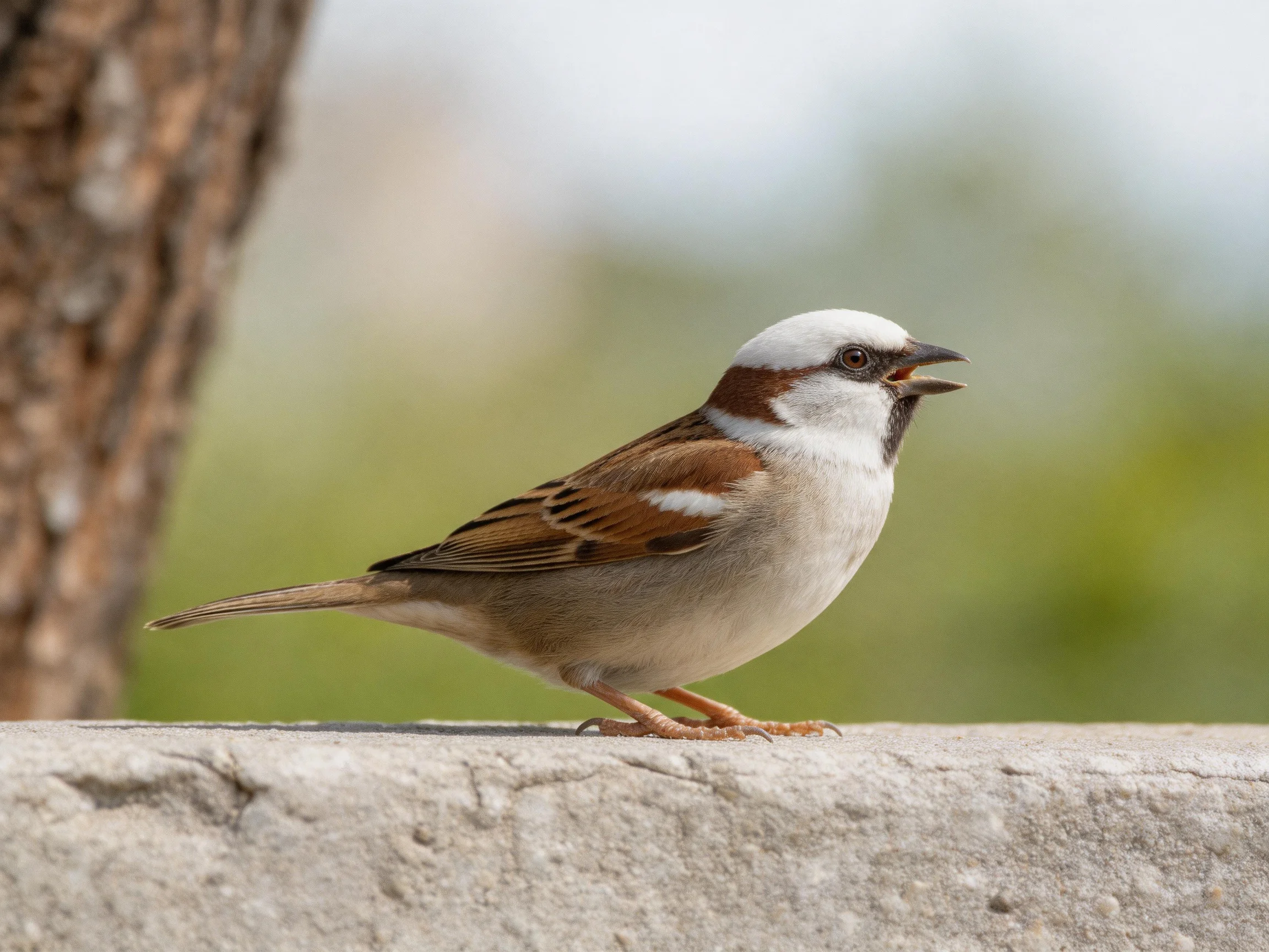 A small bird with distinct plumage rests on a concrete ledge near a tree.
