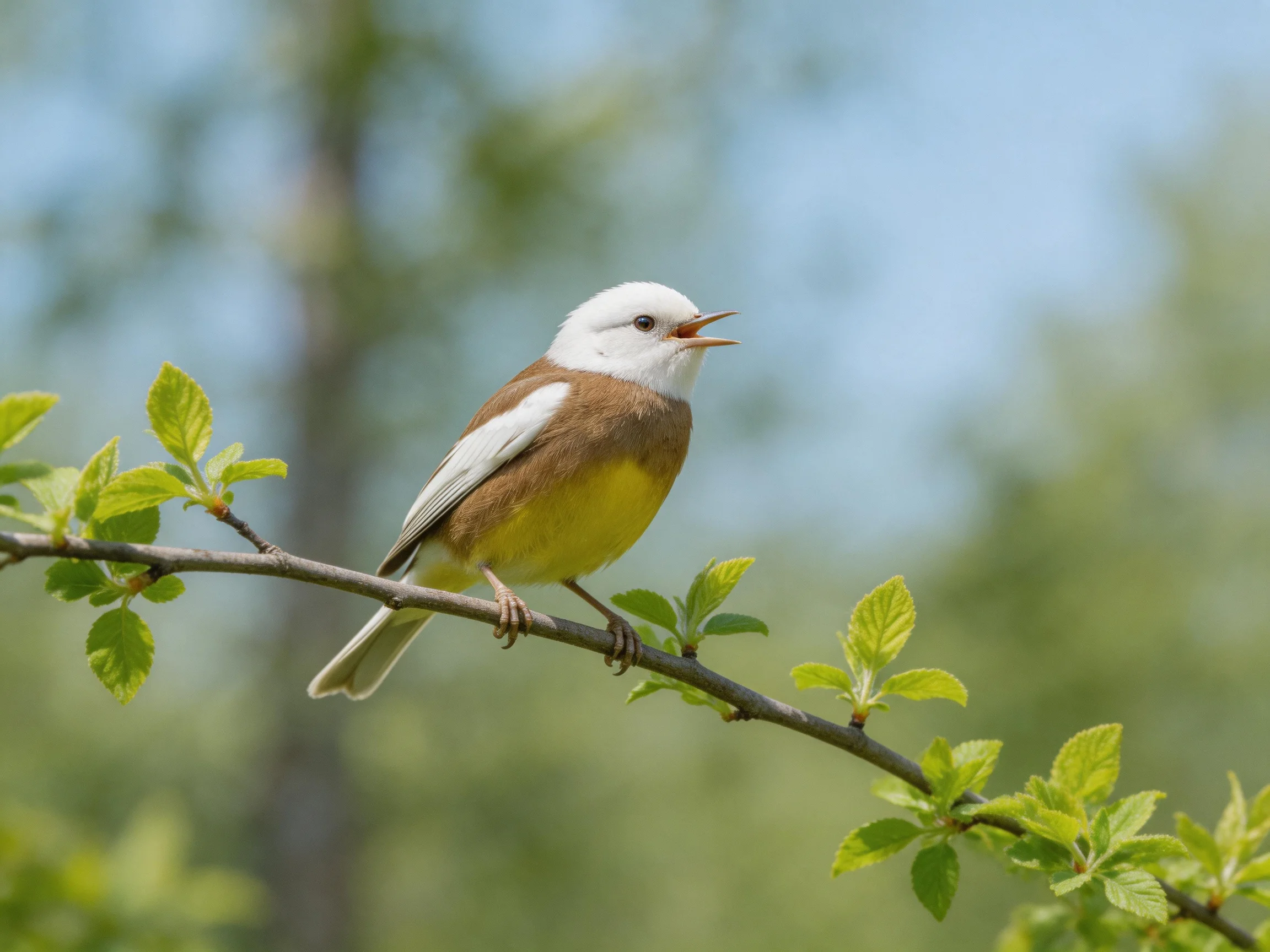 A small bird with white head, brown chest, and yellow underbelly perches on a leafy branch