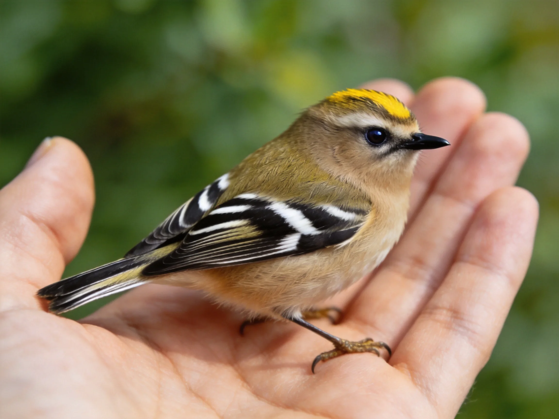 A small bird with yellow crest perched on an outstretched human hand