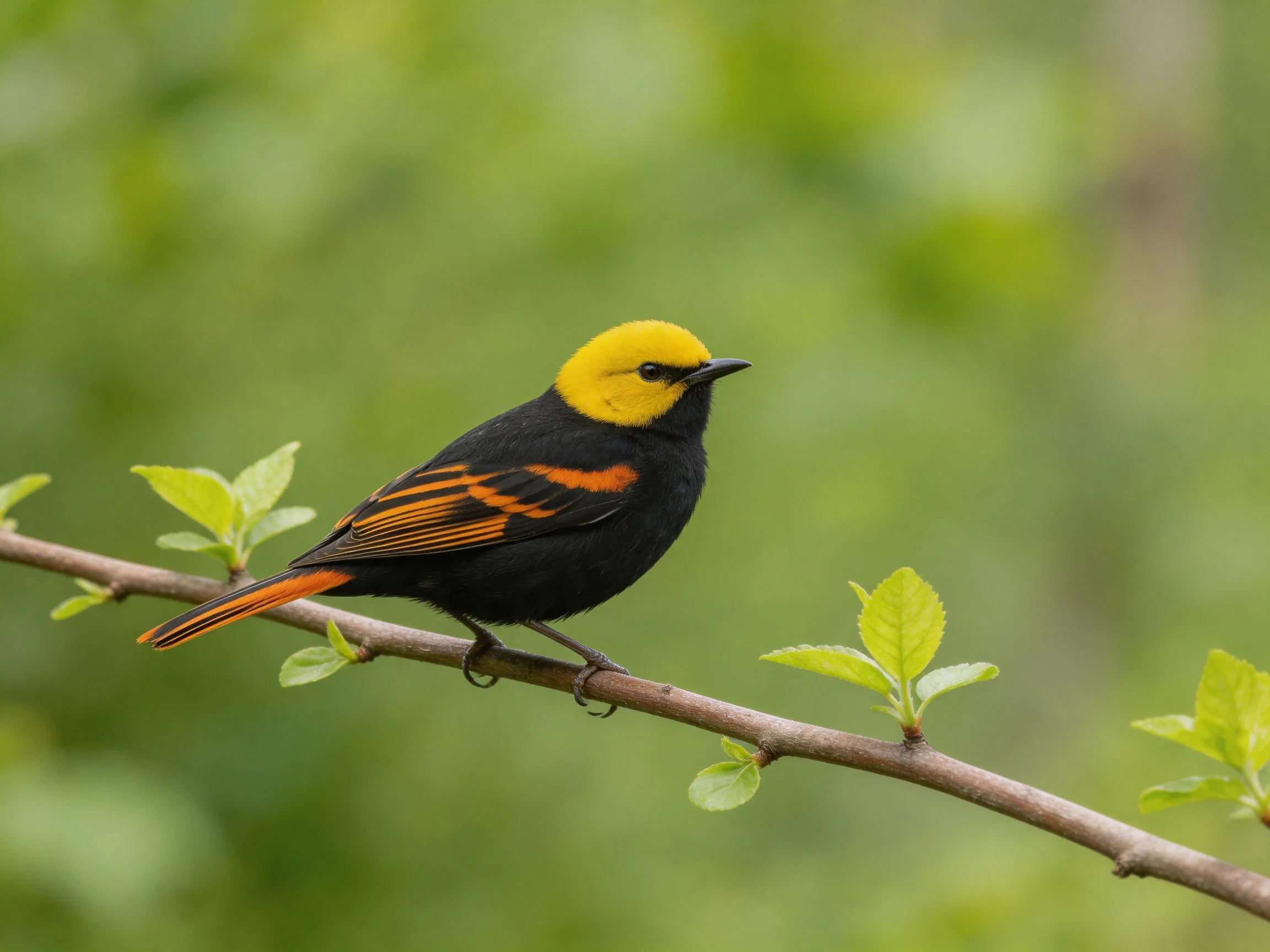 A small bird with yellow head, black body, and orange markings perches on a branch.