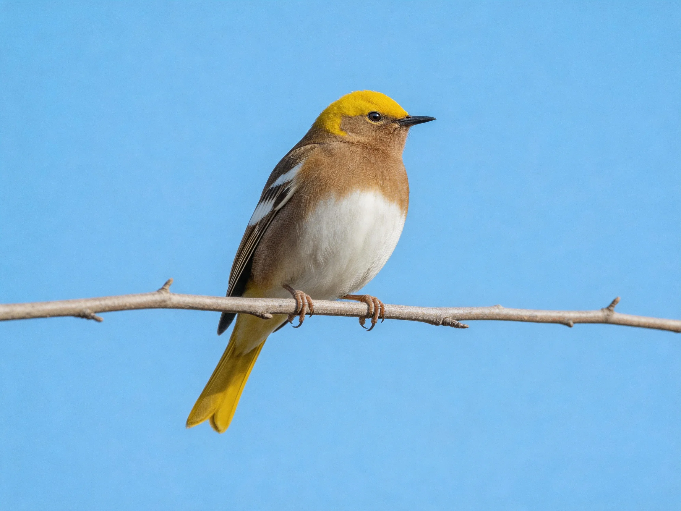 A small bird with yellow head, brown chest, white belly perched on a thin branch