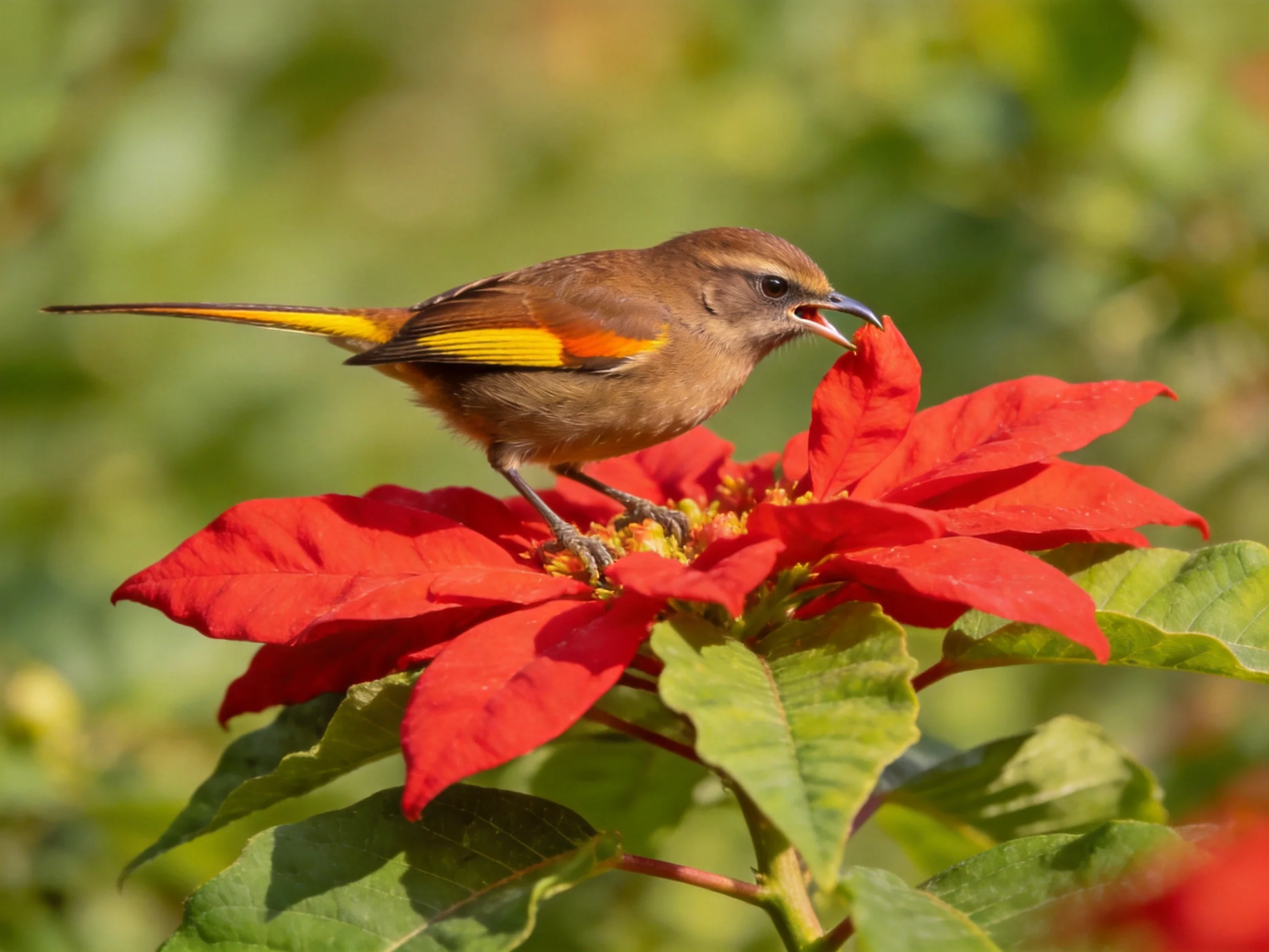 A small bird feeds from bright red poinsettia flowers in a sunlit setting.