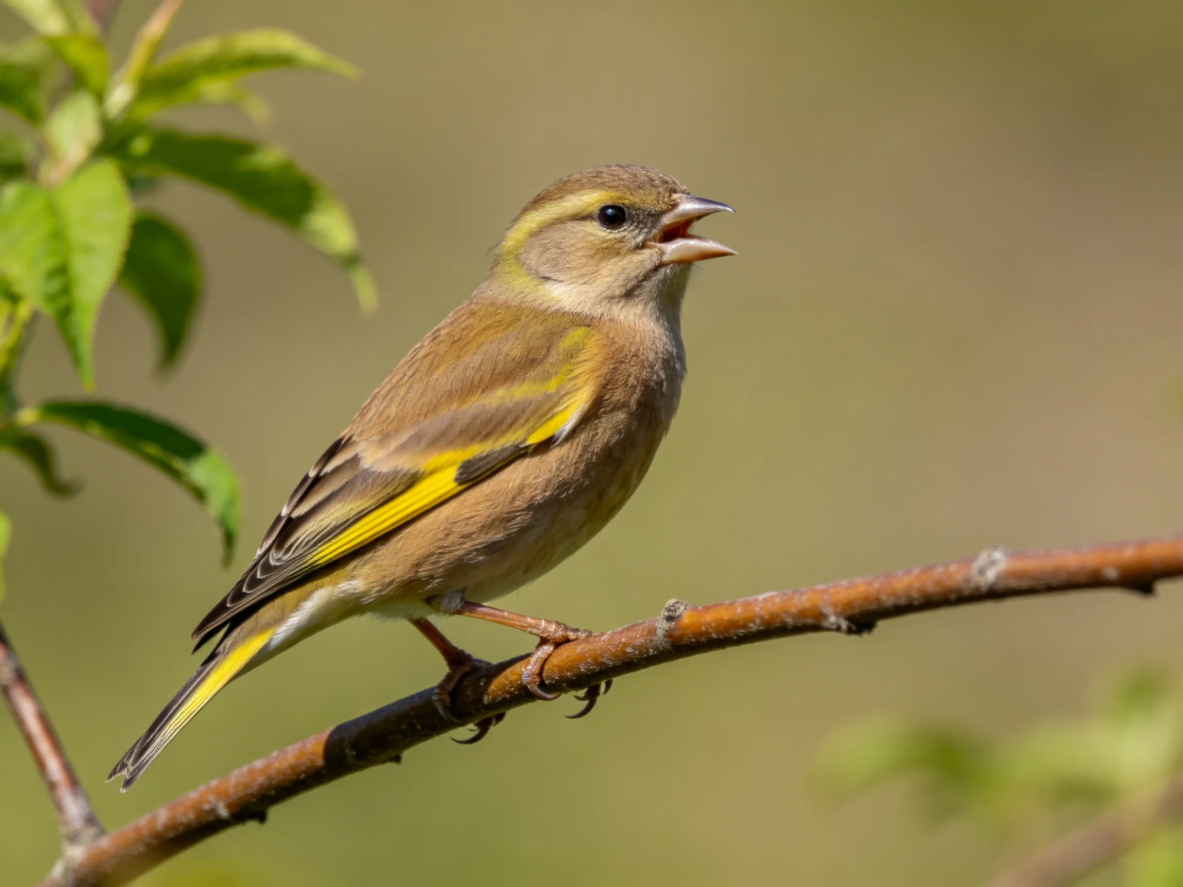 A small bird with yellow wing markings perches on a thin brown branch