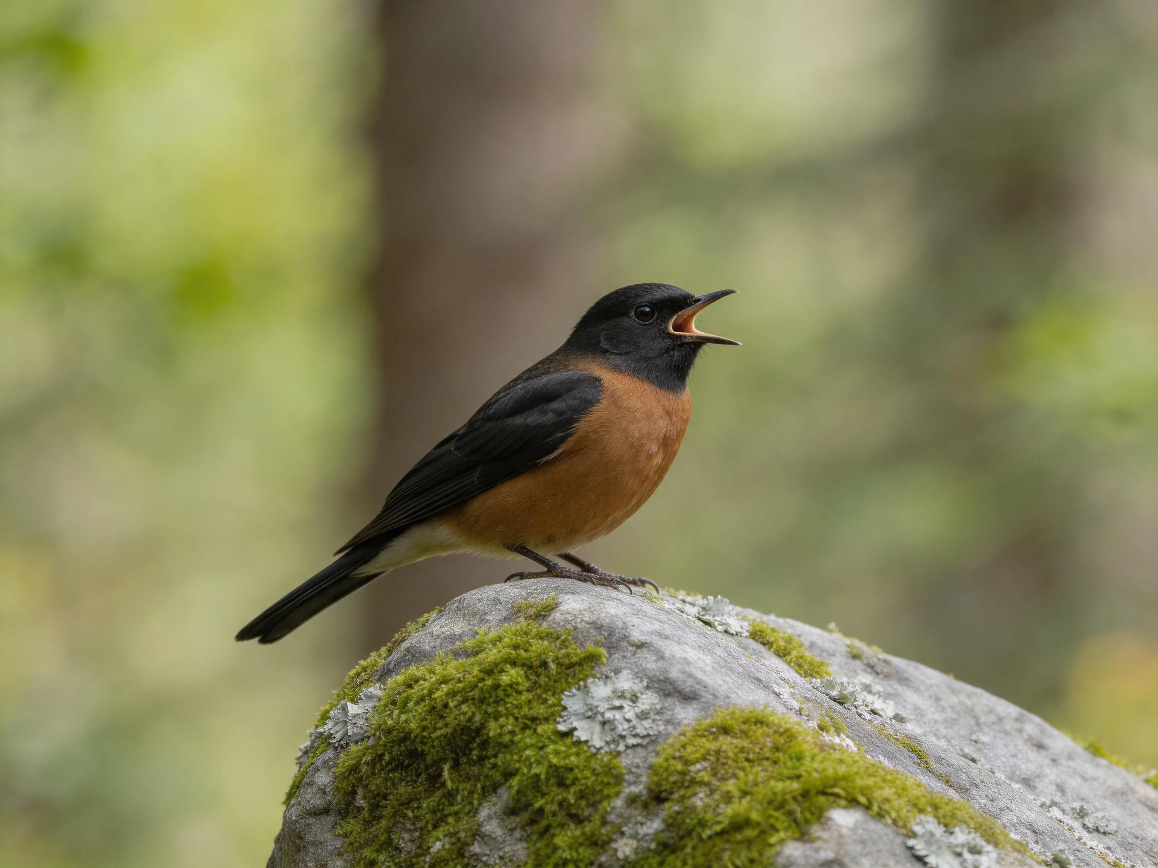 A small bird with black and rust plumage rests on a moss-covered rock.