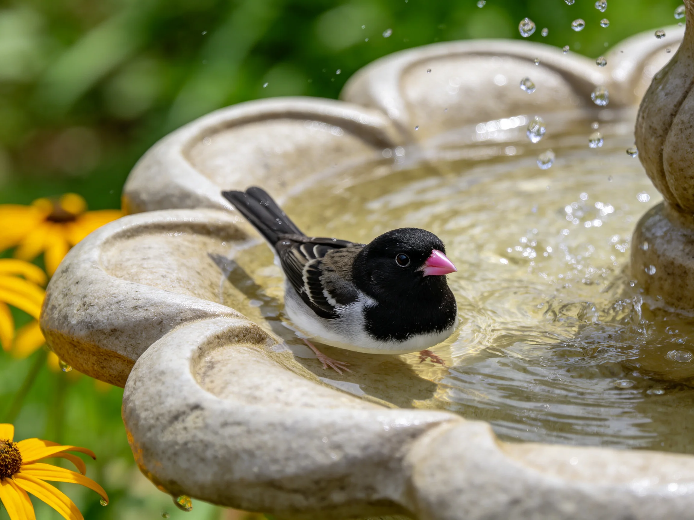 A small black-and-white bird bathing in a stone fountain near yellow flowers