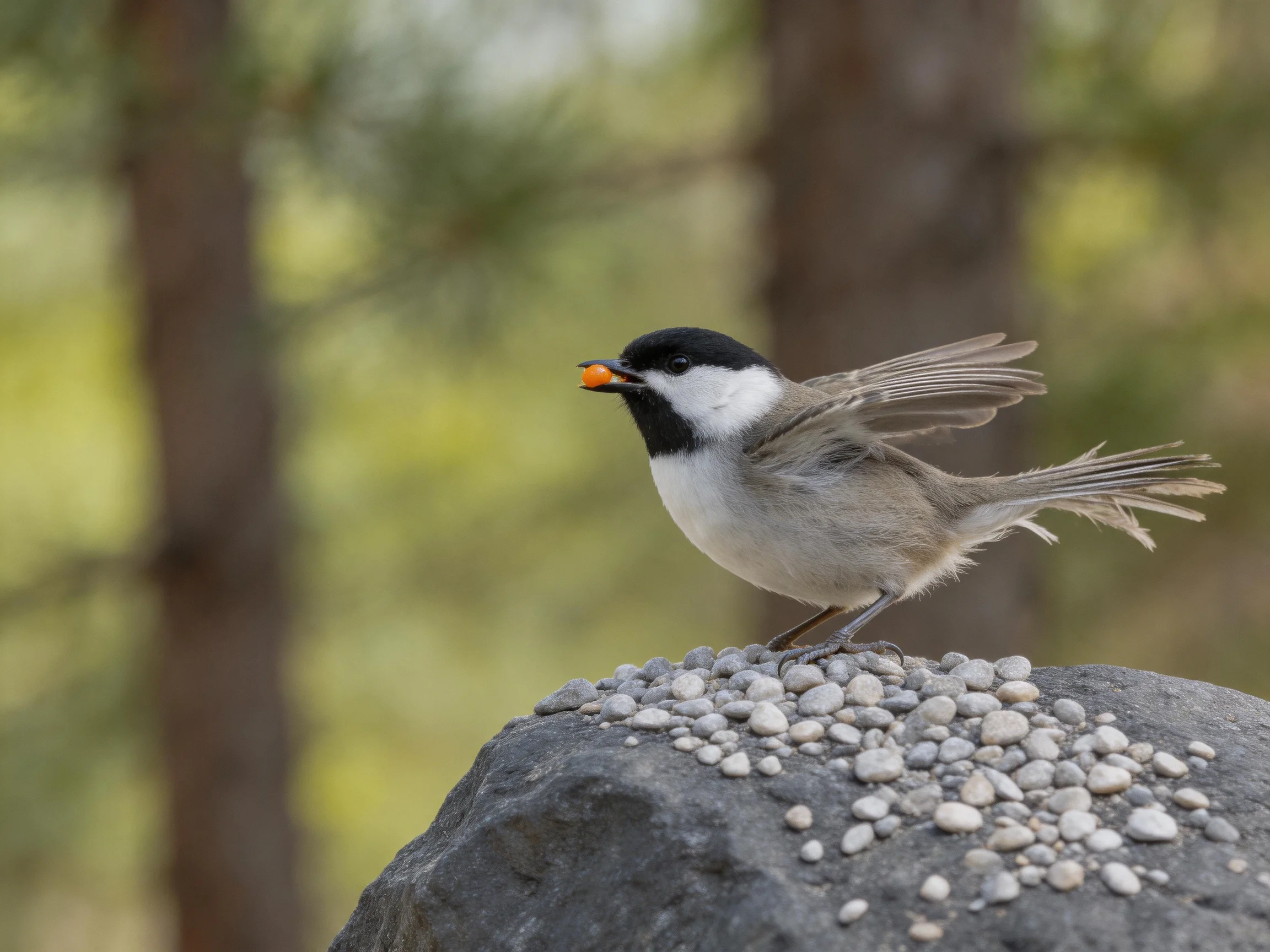 A small black - and - white bird holds an orange seed on a rocky perch
