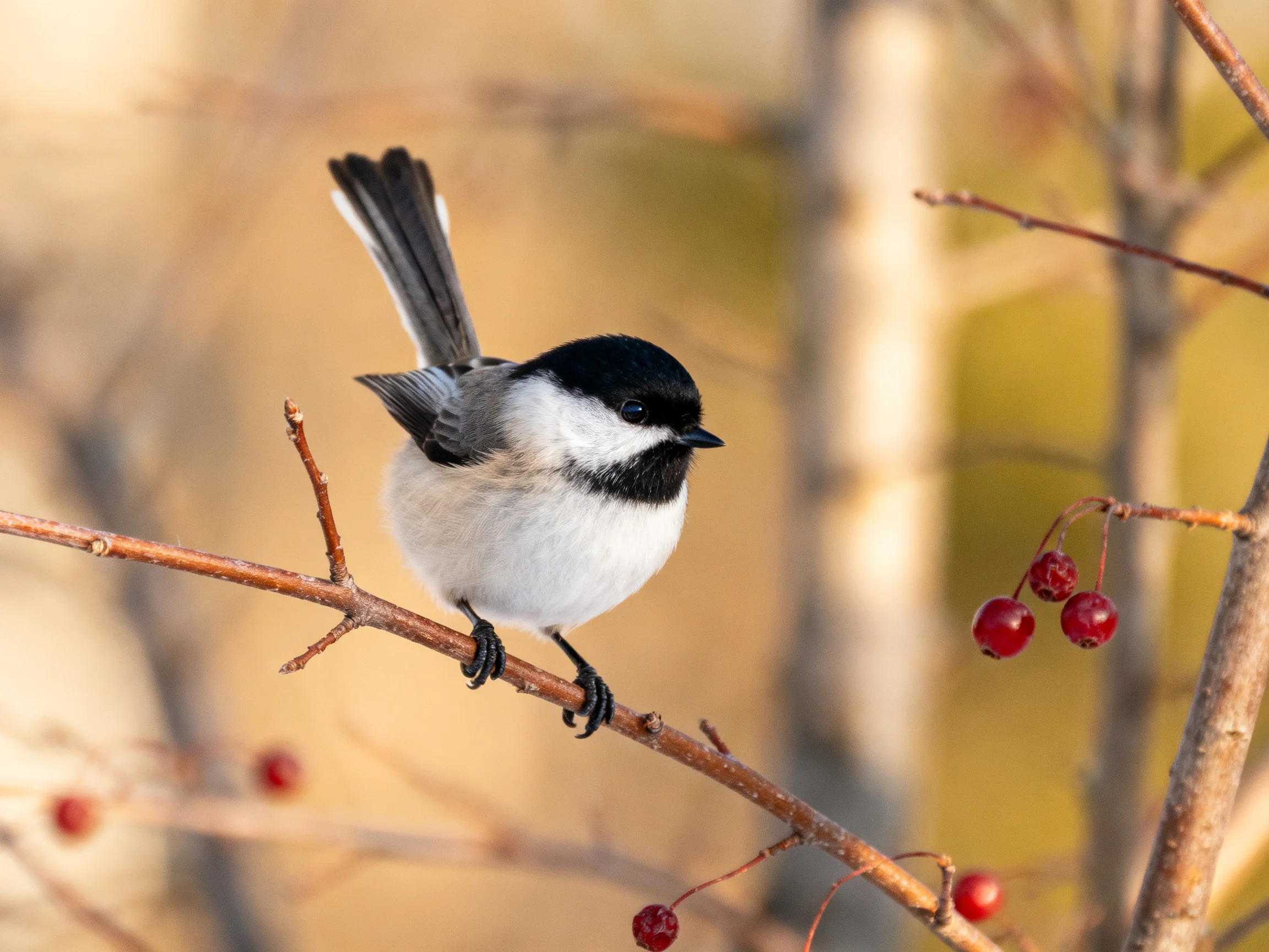 A small black-and-white bird perched on a branch with red berries