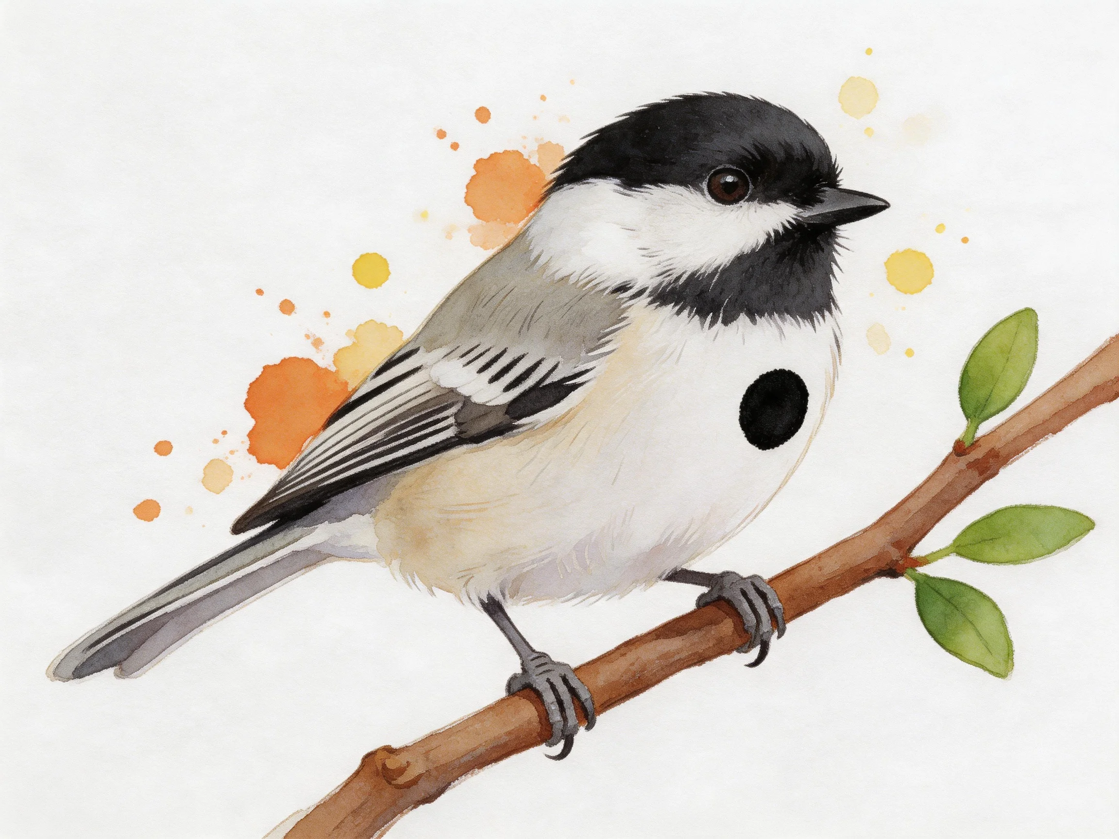 A small black-and-white bird perched on a brown branch with green leaves