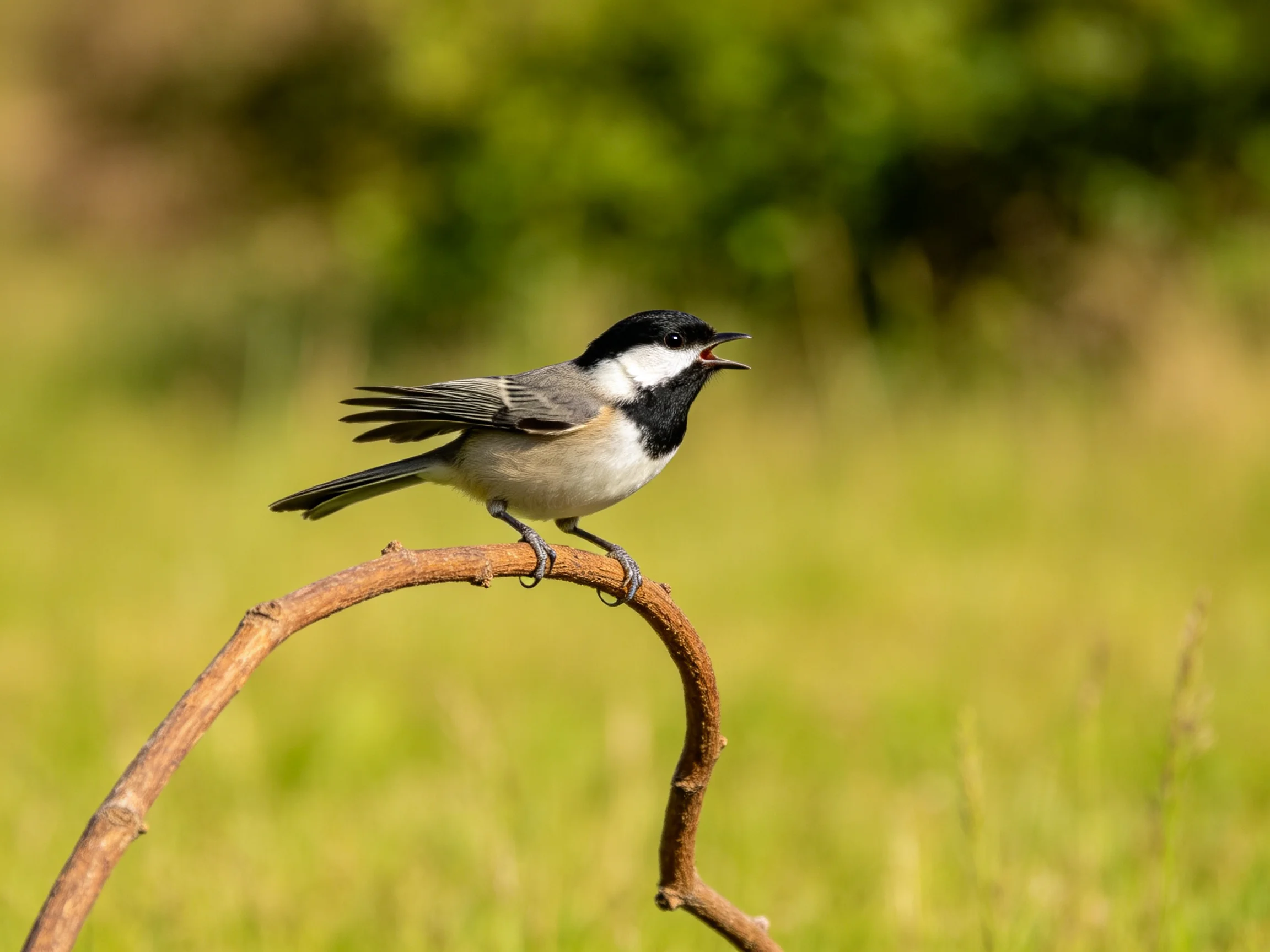 A small black-and-white bird perched on a curved brown branch