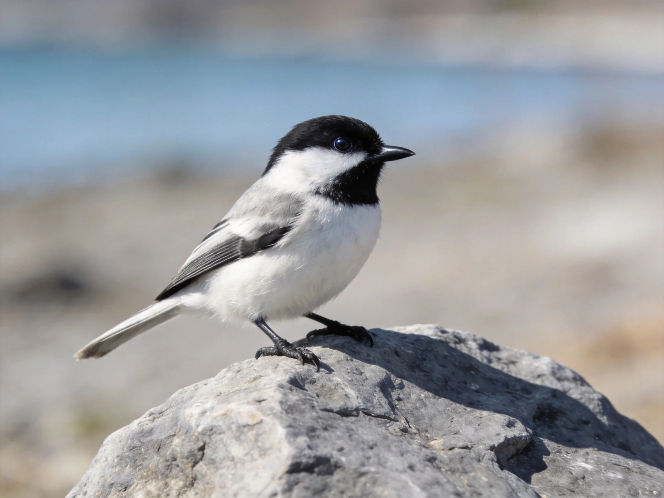 A small black-and-white bird perched on a gray rock by water