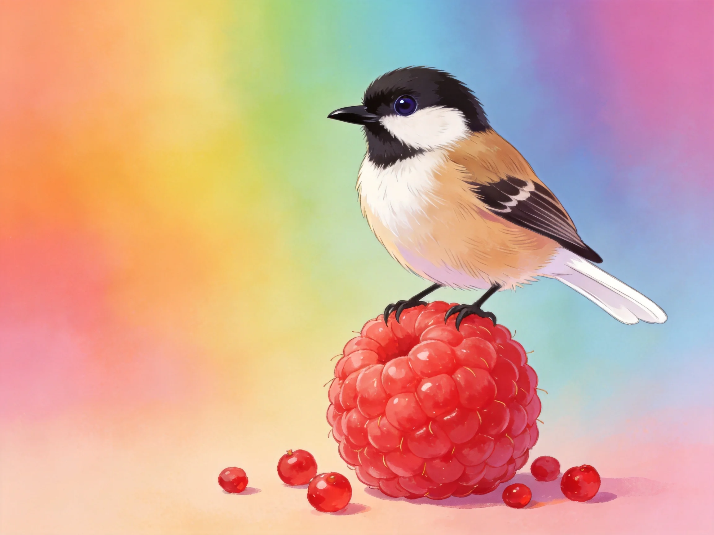 A small black-and-white bird perched on a large raspberry with scattered berries