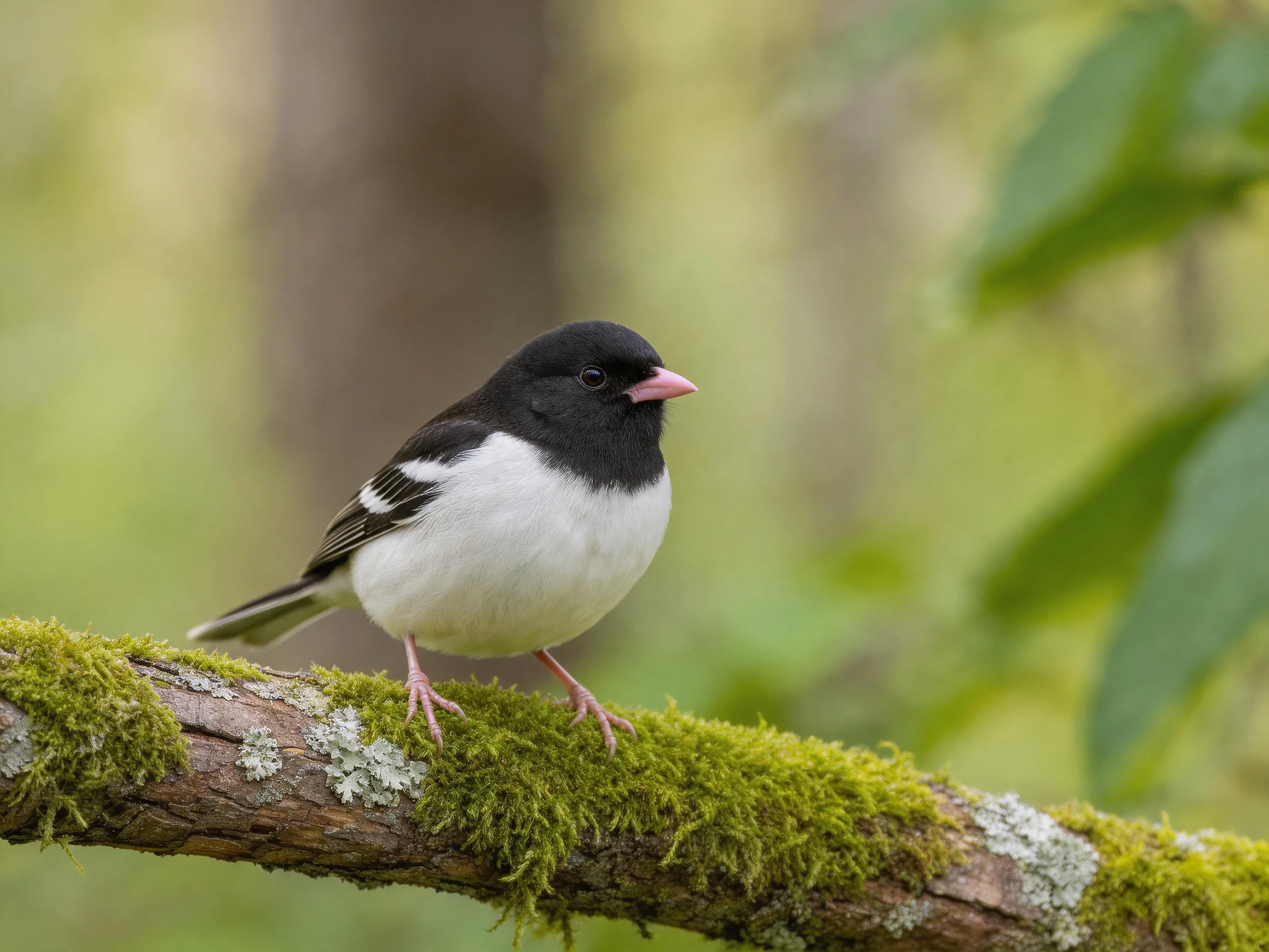 A small black-and-white bird perched on a moss-covered wooden branch