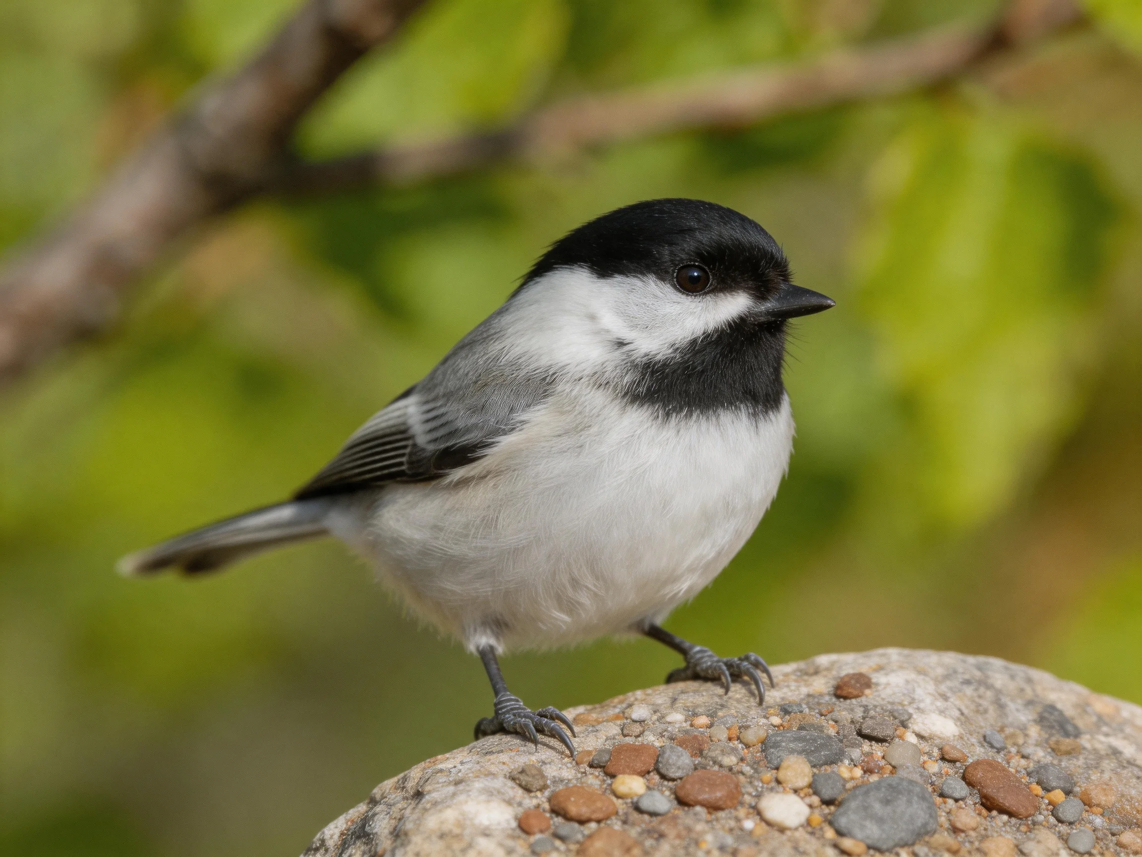 A small black-and-white bird perched on a pebble-covered stone