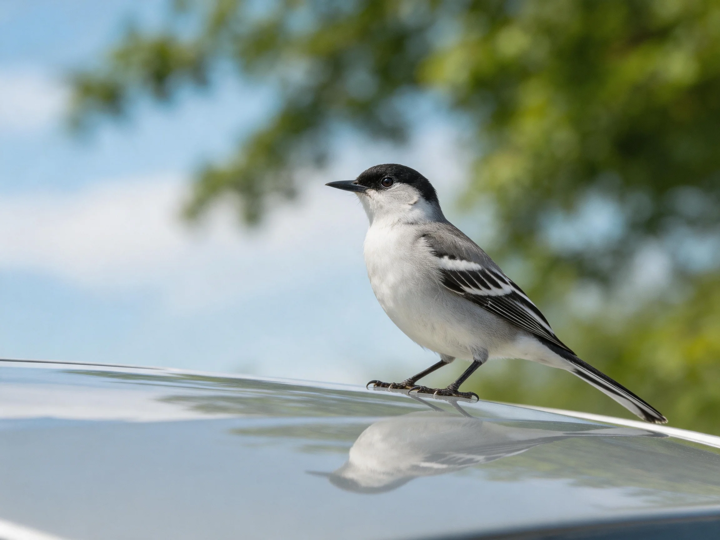 A small black-and-white bird perched on a reflective car roof